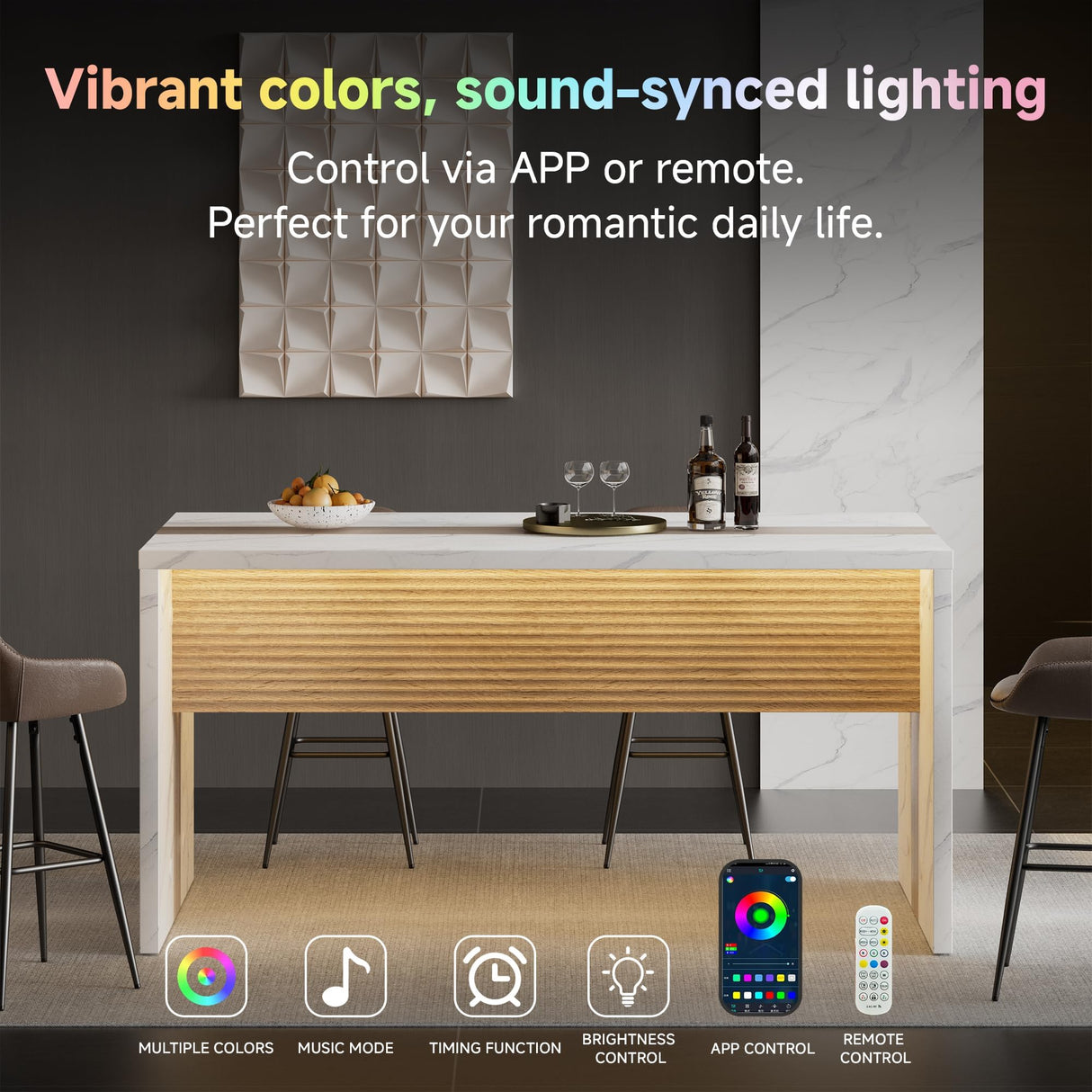 63" Large Island Table for Kitchen with Charging Station,Faux Marble Wooden Dining Table for 4-6 People,Modern Luxury Kitchen Island with Multi-Color LED Mood Lighting & Stylish Grill Design TRONLEE