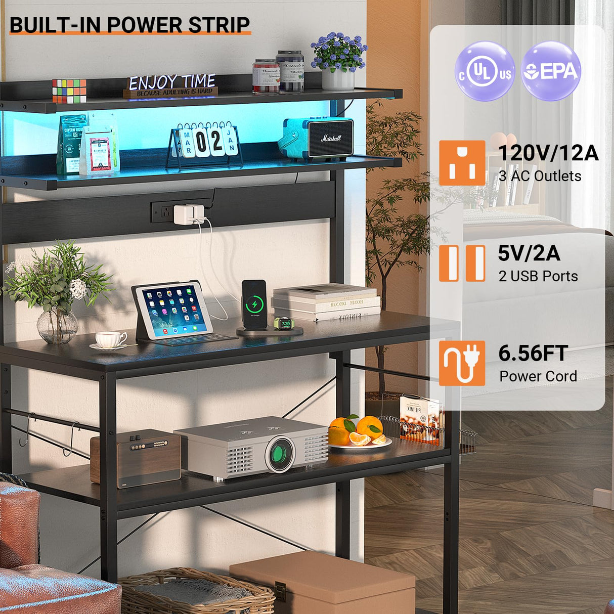 Aheaplus Bakers Rack with Power Outlet, Microwave Stand, 5 Tiers Coffee Bar Station with Led Lights, Kitchen Storage Shelf with 6 S-Shaped Hooks, Kitchen Rack Coffee Bar Stand, Black Aheaplus