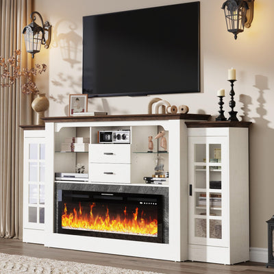 85" Electric Fireplace with Mantel, Fireplace TV Stand w/ 42" Electric Fireplace for 65 Inch TVs with Power Outlets, Farmhouse Entertainment Center with Storage for Living Room, Bedroom, Antique White