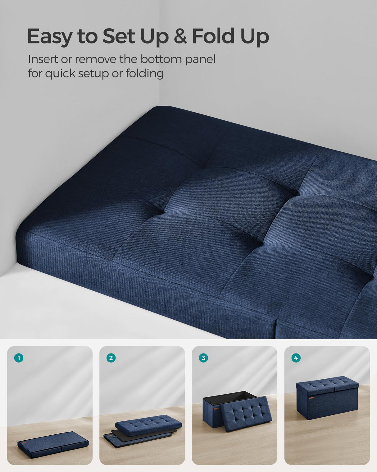 SONGMICS Mazie Collection - 30 Inches Storage Ottoman, Foldable Storage Bench with Flipping Lid, 660 lb Load Capacity, for Entryway, Living Room, Bedroom, Midnight Blue ULSF046Q02 SONGMICS