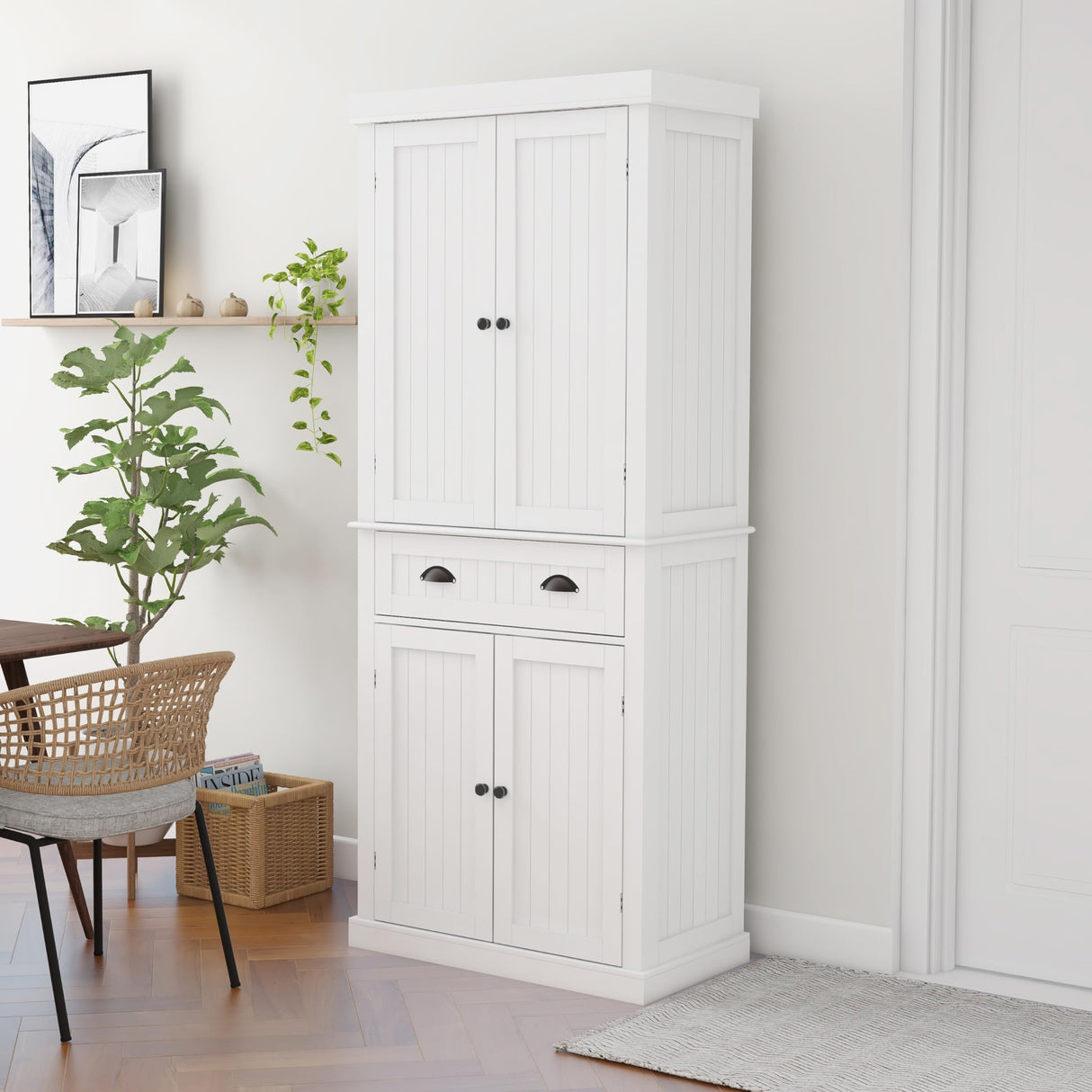 RASOO 72" Pantry Cabinets Freestanding Food Kitchen Pantry Storage Cabinet Cupboard with Drawer and Adjustable Shelves,White (Vertical bar Drawing Slot) RASOO