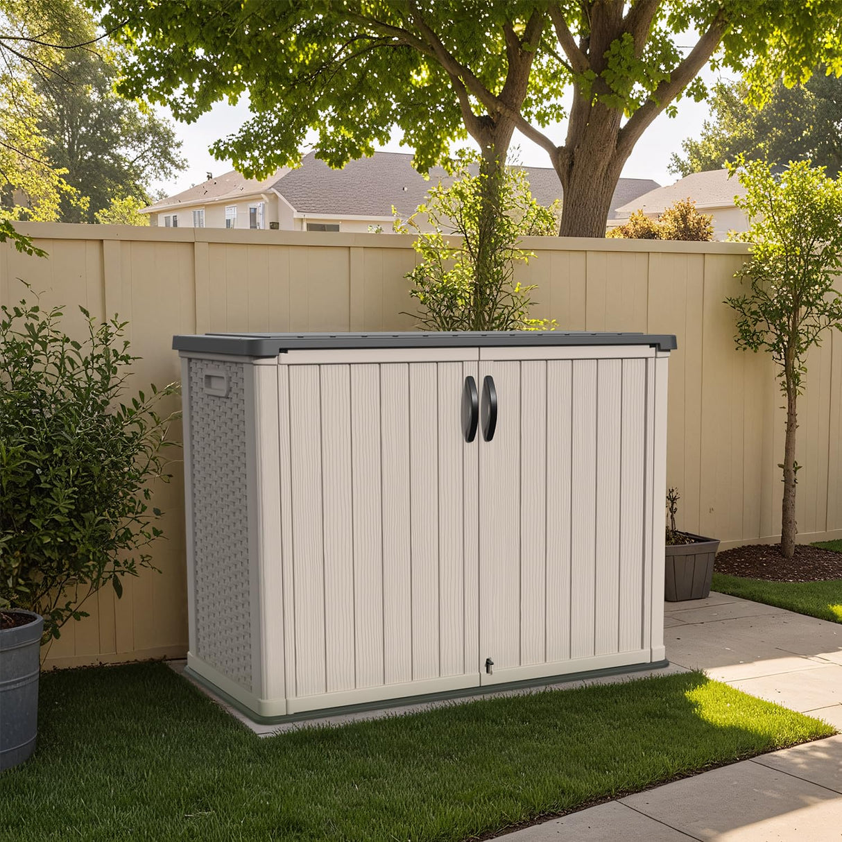 Patiowell 26 cu.ft Plastic Outdoor Storage Shed, Lockable Waterproof Resin Outdoor Storage Cabinet Tool Shed for Garden Tools, Garbage Cans, Pool Supplies, Beige(Not Include Shelves) Patiowell