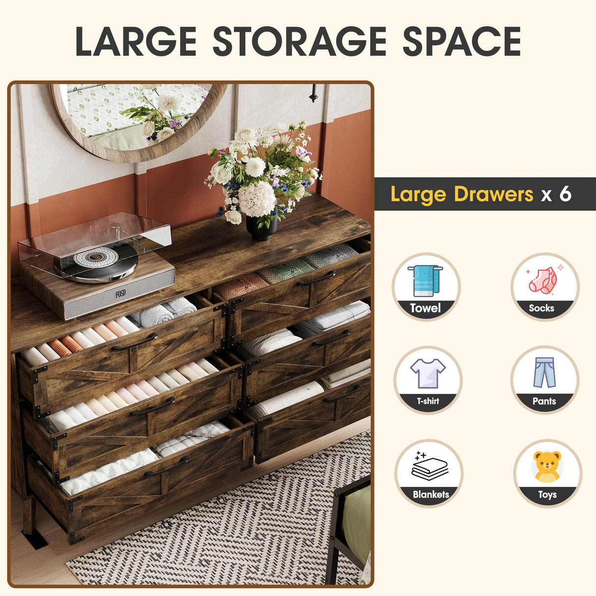 Fameill 59'' Farmhouse 6 Drawers Dresser, Wide Wood Dresser TV Stand, Storage Cabinet with Metal Handles and Generous Storage Space, Dresser for Bedroom, Closet, Hallway, Rustic Brown Fameill