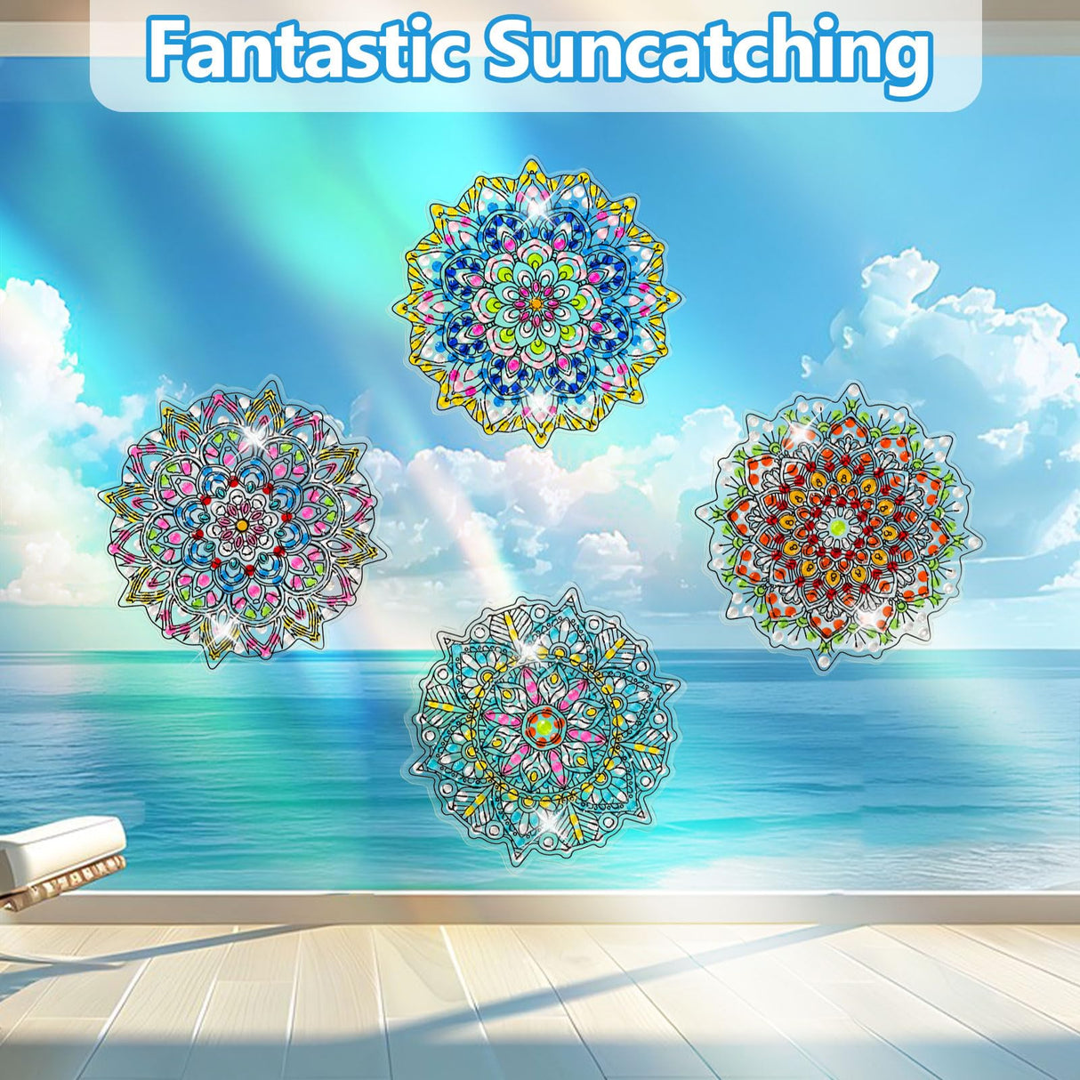 LINGFANG 4 Pcs Diamond Art Stained Glass Window Clings with Diamond DIY Pen Tools, Diamond Painting Window Stickers for Suncatchers, Diamond Art Kits for Adults, Diamond Art Accessories (Mandala 4) LINGFANG