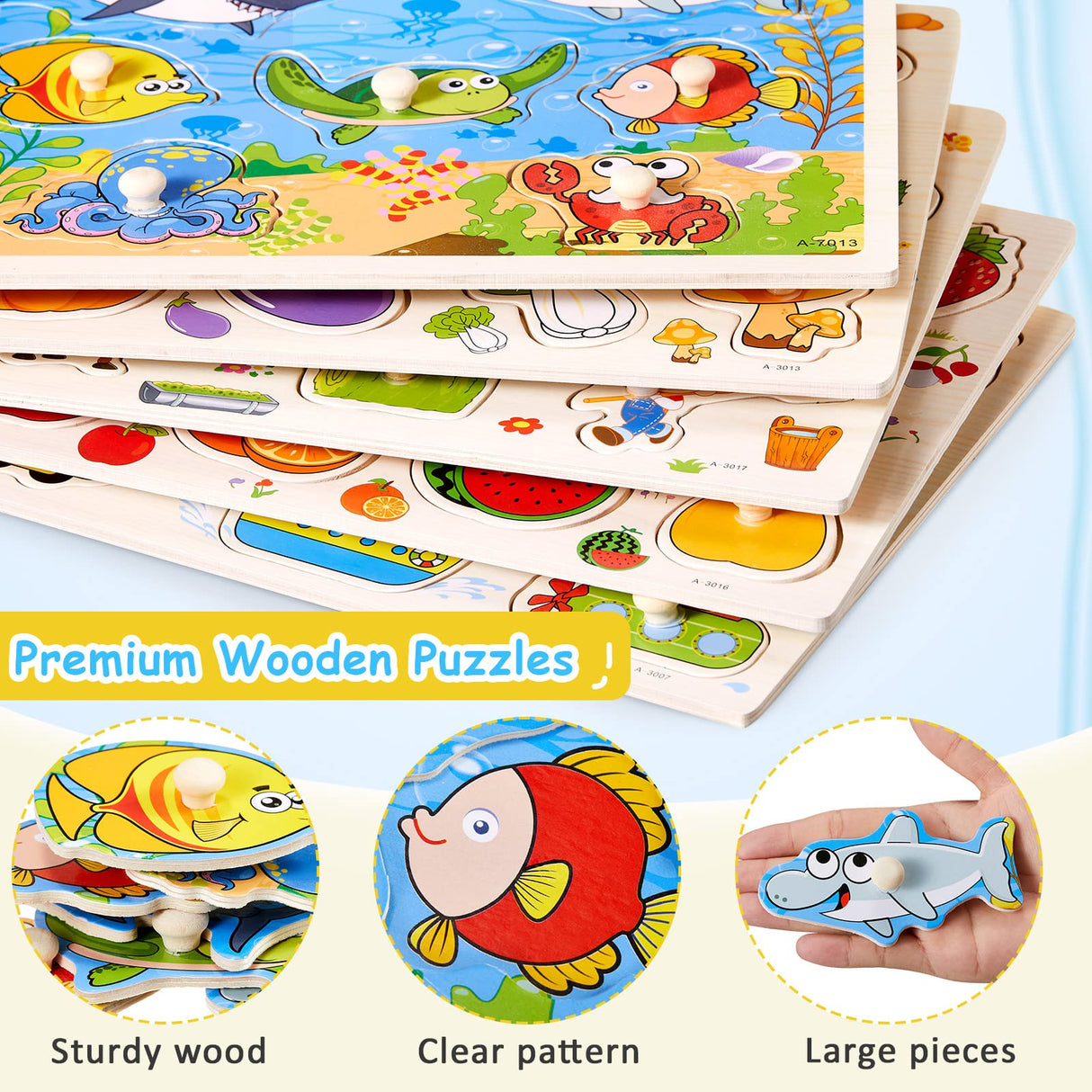 10 Pack Wooden Peg Puzzles for Toddlers Toddler Puzzle Jigsaw Learning Puzzles for Kids Wood Knob Puzzle with Alphabet Number Animal Vehicle Shape Chivao