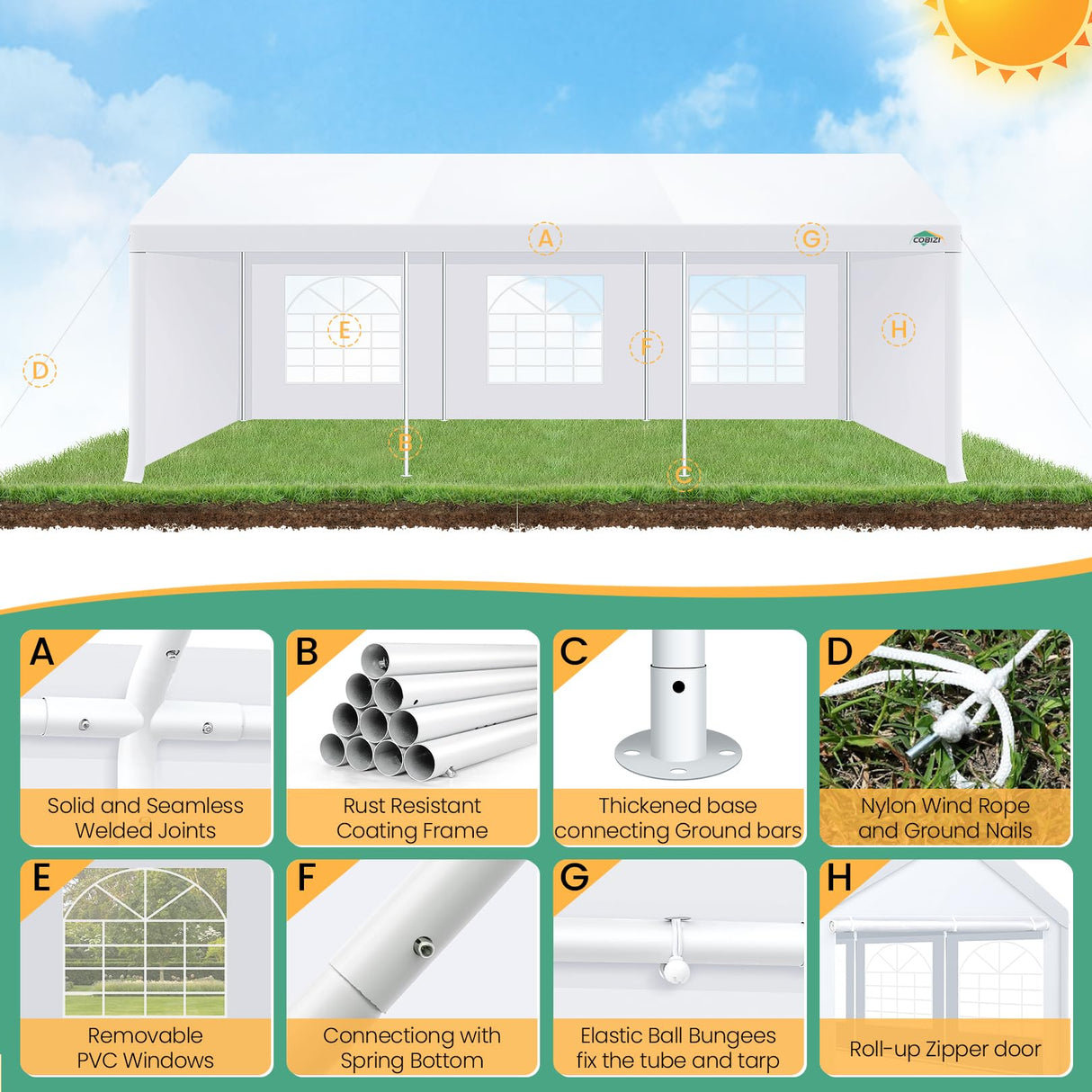 COBIZI 10x20 Party Tent Heavy Duty, 10x20 Canopy with Removable Sidewalls & 4 Built-in Sandbag, Commercial Wedding Large Tent, UV 50+, Waterproof, White COBIZI