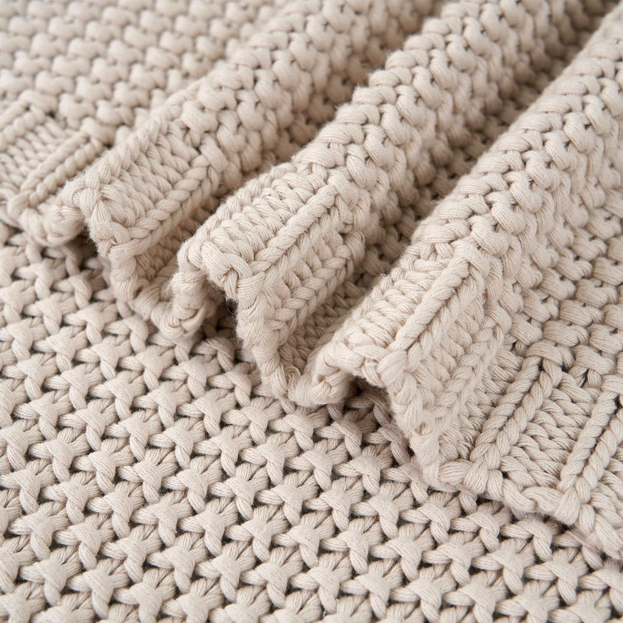 Chunky Cable Knit Throw Blanket Lightweight Beige 100% Organic Cotton Blanket for Sofa Couch Bed Baby Nursery, Rustic Shabby Chic Modern Farmhouse, 51” x 63” Give Laundering Bag Longhui bedding