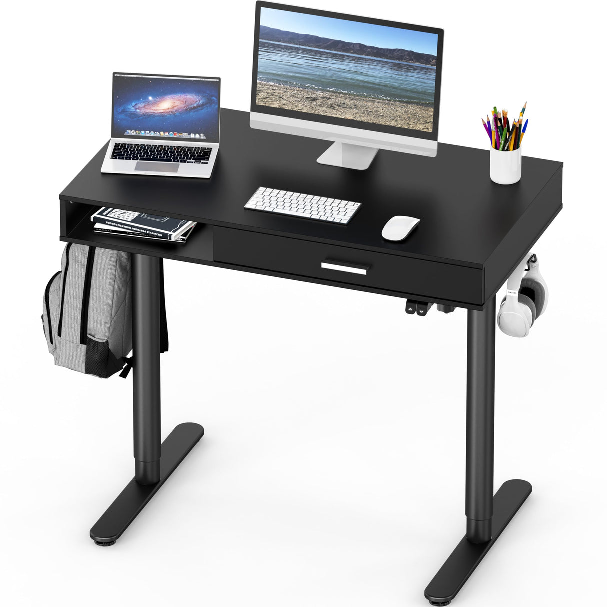 SHW Claire 40-Inch Height Adjustable Electric Standing Desk with Drawer, Black SHW