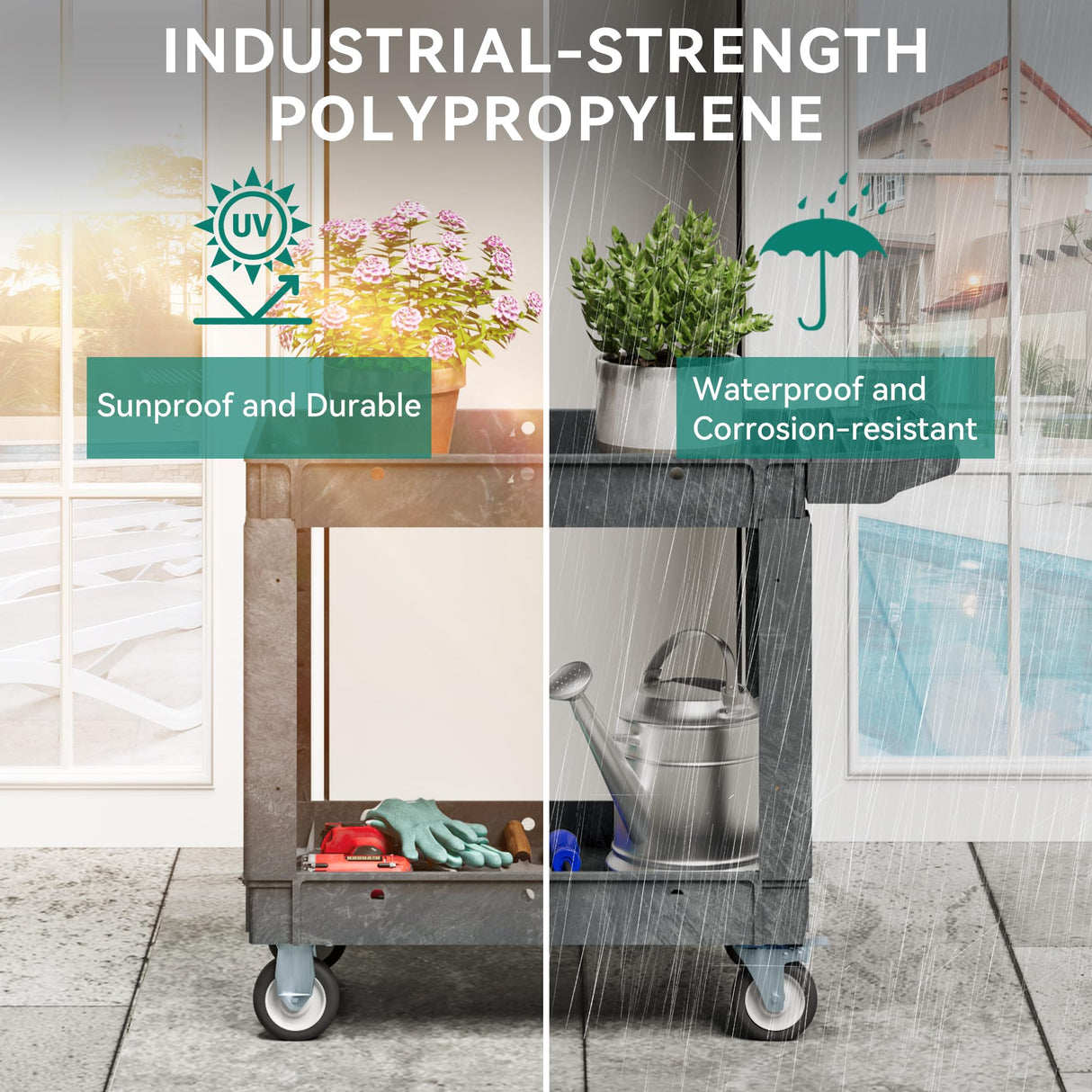 YITAHOME Utility Cart on Wheels, 550 lbs Capacity Service Cart, 40 x 17 Inch Rolling Work Carts, 2 Shelf Heavy Duty Plastic Cart Suitable for Warehouse, Garage, School & Office, Cleaning, Gray YITAHOME