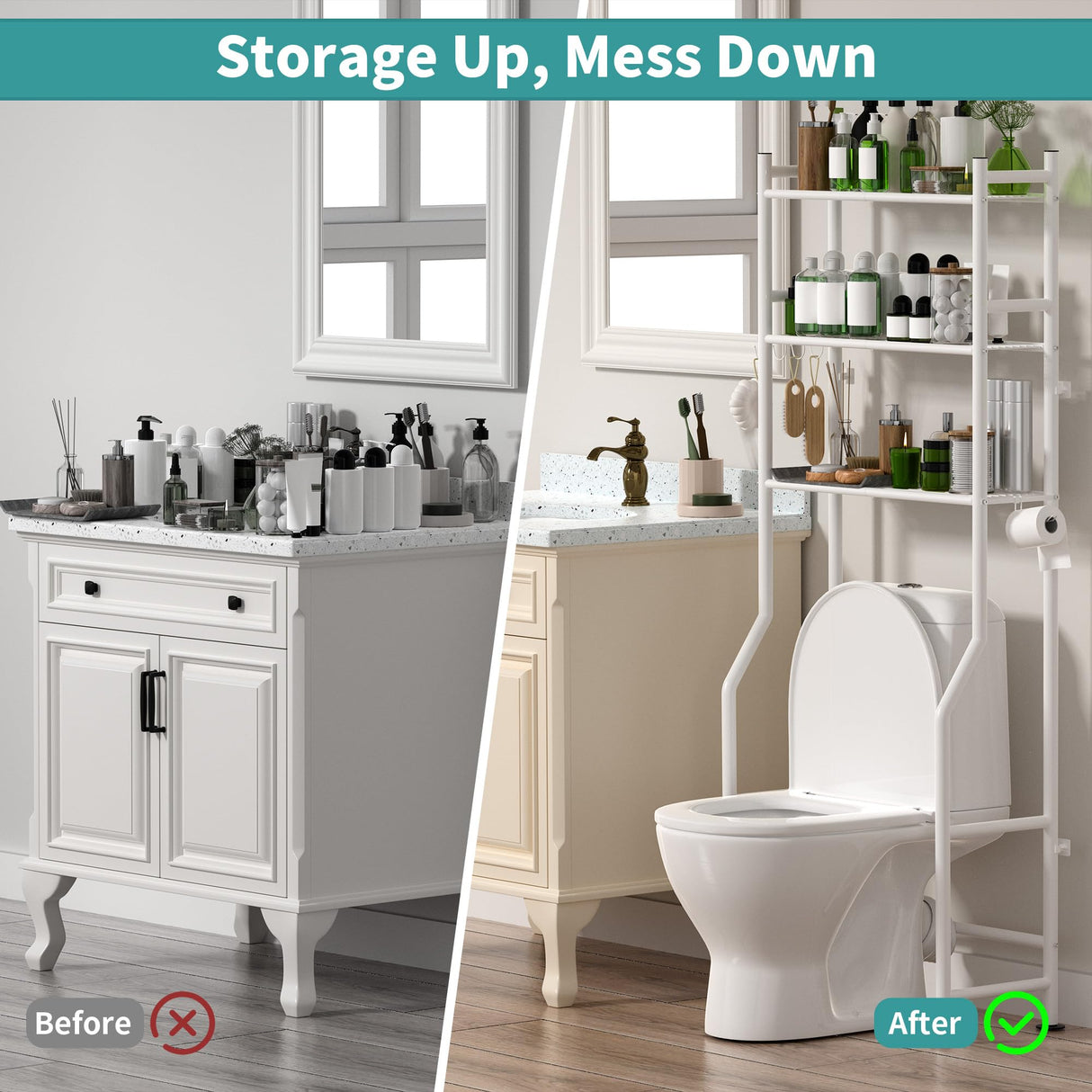 AriseWork 3-Tier Over The Toilet Storage with Paper Holder, Metal Bathroom Organizers and Storage for Small Space, Freestanding Bathroom Shelves with 4 Hooks, Above The Toilet Storage Shelf, White AriseWork