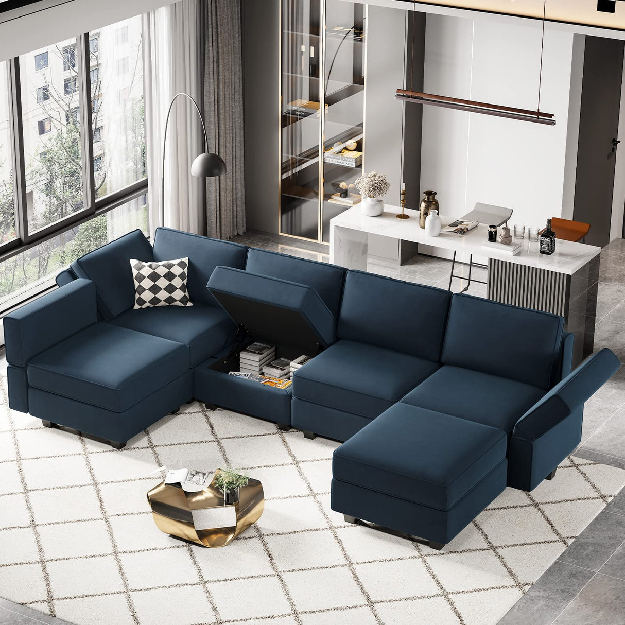 Belffin Modular Velvet Sectional Sofa with Chaise Lounge Sectional Sleeper Sofa with Storage Chaise Bed Couch for Living Room Blue Belffin