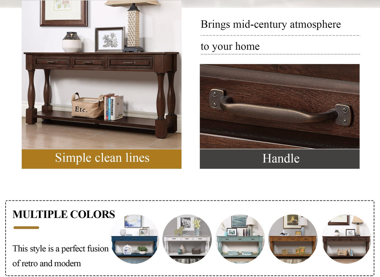 L“KeKe 63inch Solid Wood Console Table with 3 Drawers and 1 Bottom Shelf Extra-Thick Sofa Table(Light Espresso) L“KeKe