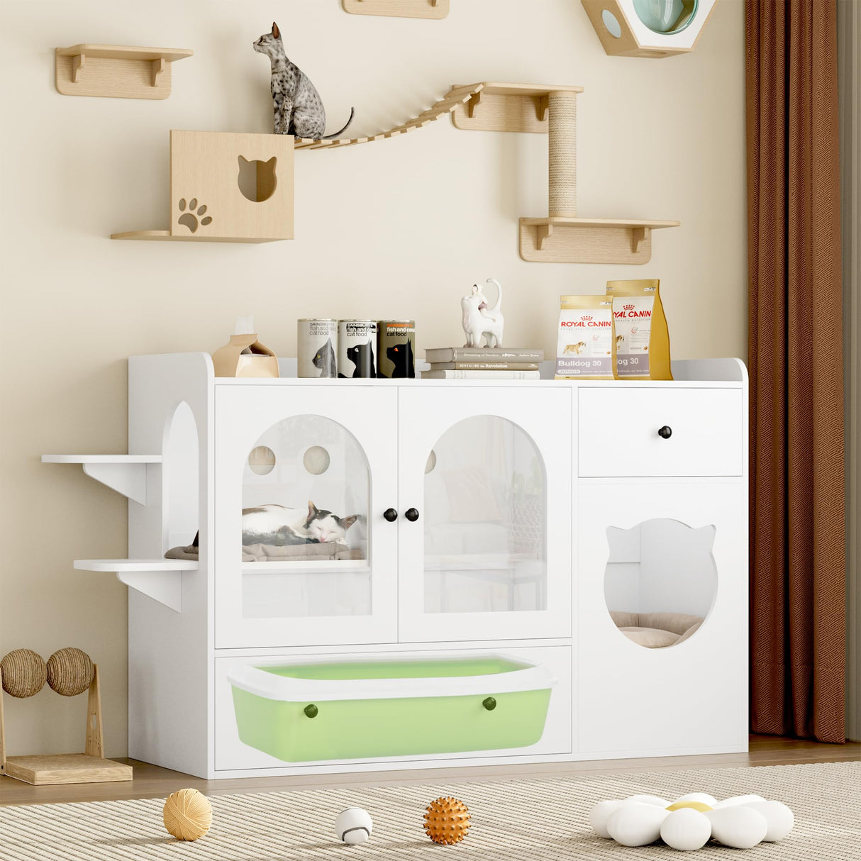 FACBOTALL 55.1" Cat Litter Box Enclosure, Furniture Hidden With Scratcher, Storage Cabinet With Bowls, Wooden Pet Crate House With Storage Spaces, Indoor House Furniture FACBOTALL