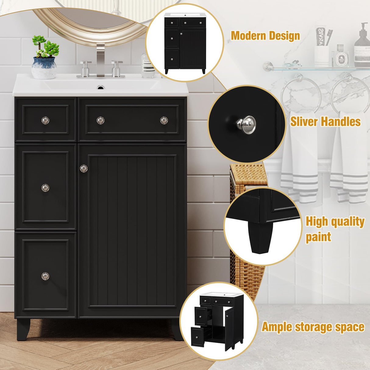 Harper & Bright Designs 24" Bathroom Vanity with Sink, Free Standing Single Basin Vanity Set with Two Drawers and One Door, Modern Solid Wood Bathroom Cabinet with Ceramic Basin for Bathroom, Black Harper & Bright Designs
