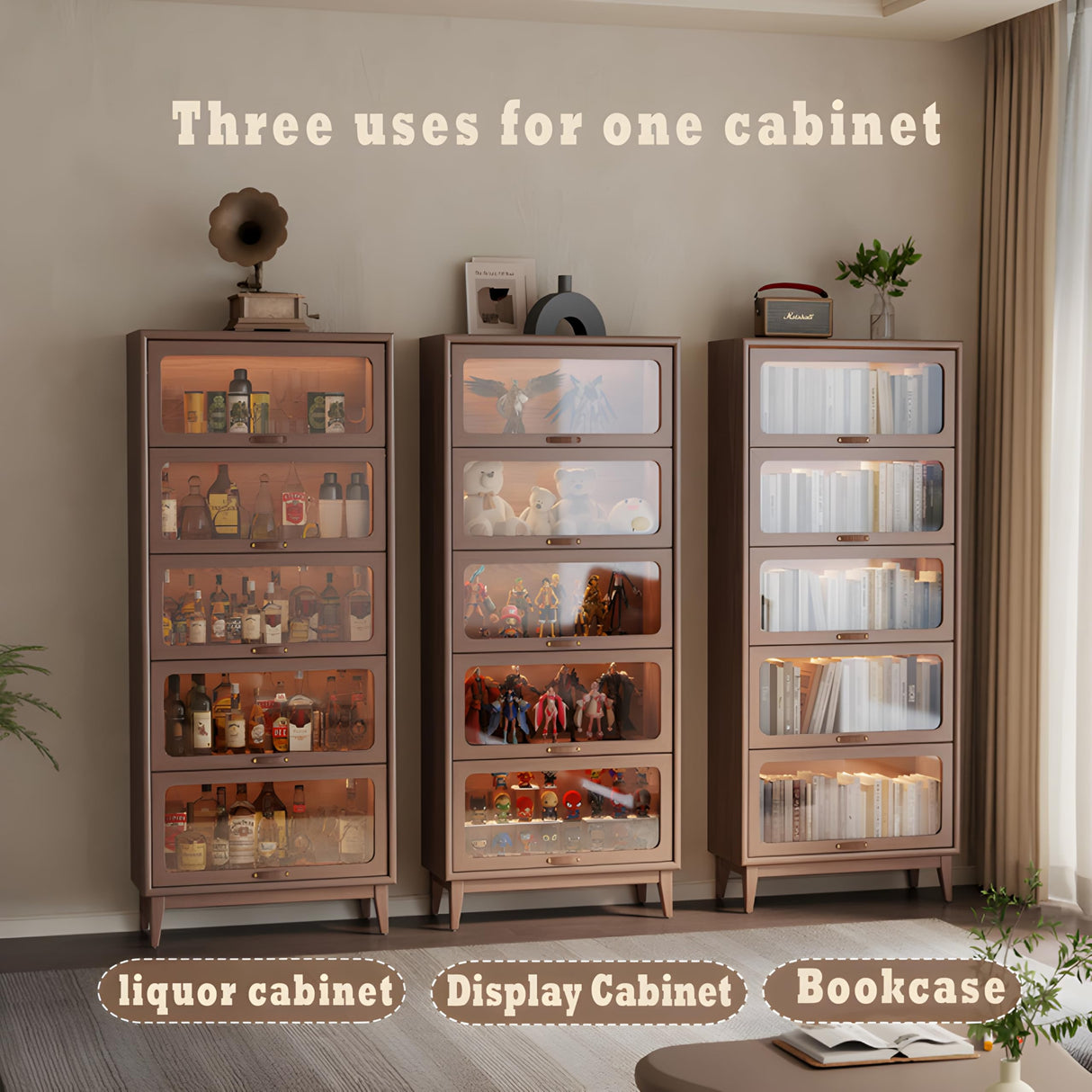KungFuWood Wooden Bookcase with Tempered Glass Doors, Large Solid Wood Bookshelf Glass Front Bookshelves flip top Display Cabinet case Hidden Doors for Apartments, Home Offices 5 tire 72" KungFuWood