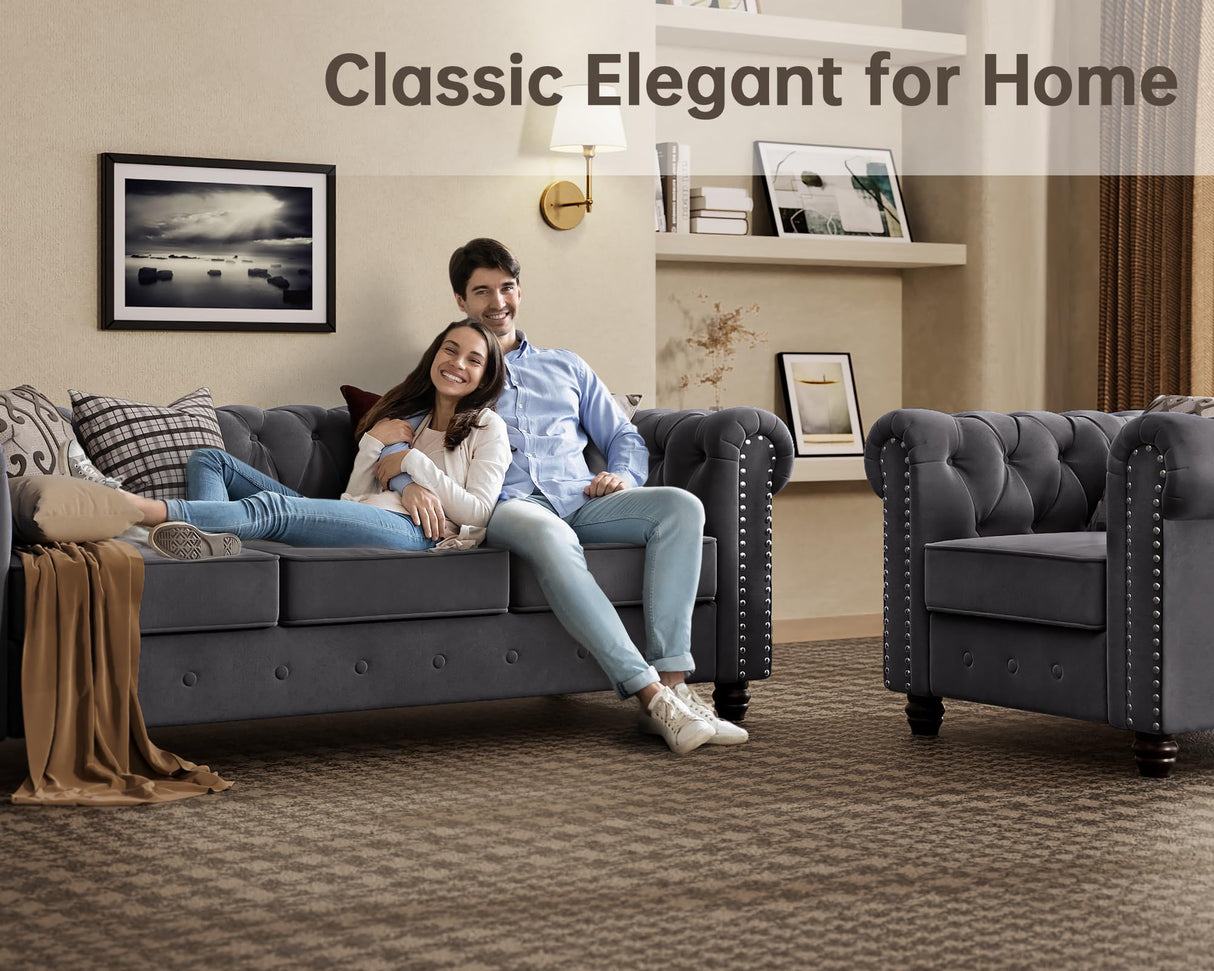 Morden Fort Classic Chesterfield Sofa Set 82'', Tufted Sofa Couch Set with Solid Wood Legs Thick Cushion, Pet-Friendly 3-Seater Sofas Couches for Living Room Bedroom Apartment - Velvet Grey Morden Fort