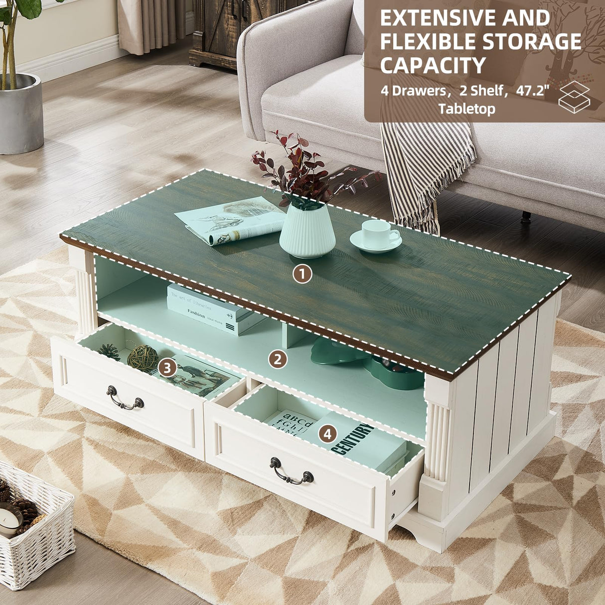 Minifeel 48'' Wood Coffee Table for Living Room, Farmhouse Coffee Table with Storage, Rustic Center Table for Living Room with 4 Drawers, Farmhouse & Industrial Cocktail Table for Home Minifeel