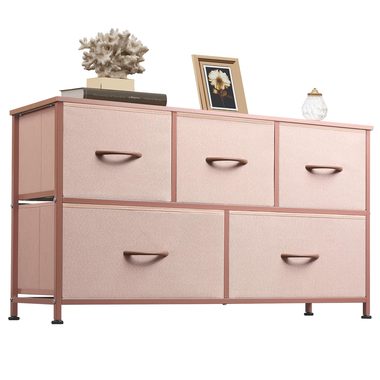 WLIVE Dresser for Bedroom with 5 Drawers, Wide Chest of Drawers, Fabric Dresser, Storage Organization Unit with Fabric Bins for Closet, Living Room, Hallway, Pink and Rose Gold WLIVE