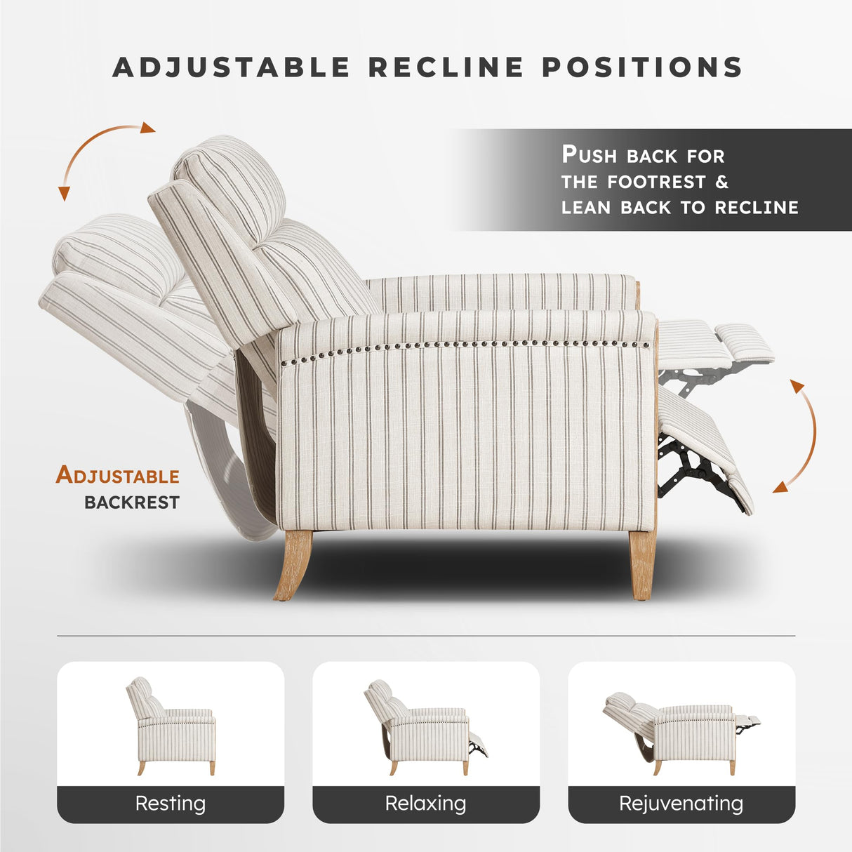Lexicon Pushback Recliner Chair, Striped Textured Fabric Accent Armchair, Push Back Recliner, Nailhead Trim, Solid Wood Legs, Easy Assembly for Living Room/Office/Apartment, White/Grey Lexicon