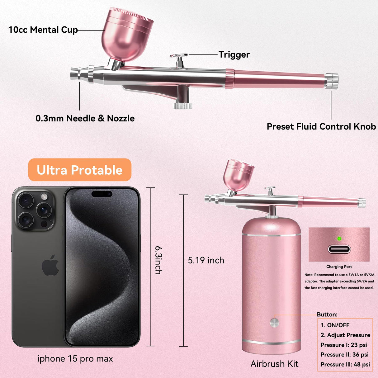 Airbrush Kit with Compressor - 48PSI High-Pressure, Non-Clogging Air Brush Set Cordless Rechargeable with 0.3mm Nozzle and Cleaning Brush for Nail Art, Makeup, Painting, and Cake Decorating LOISVI