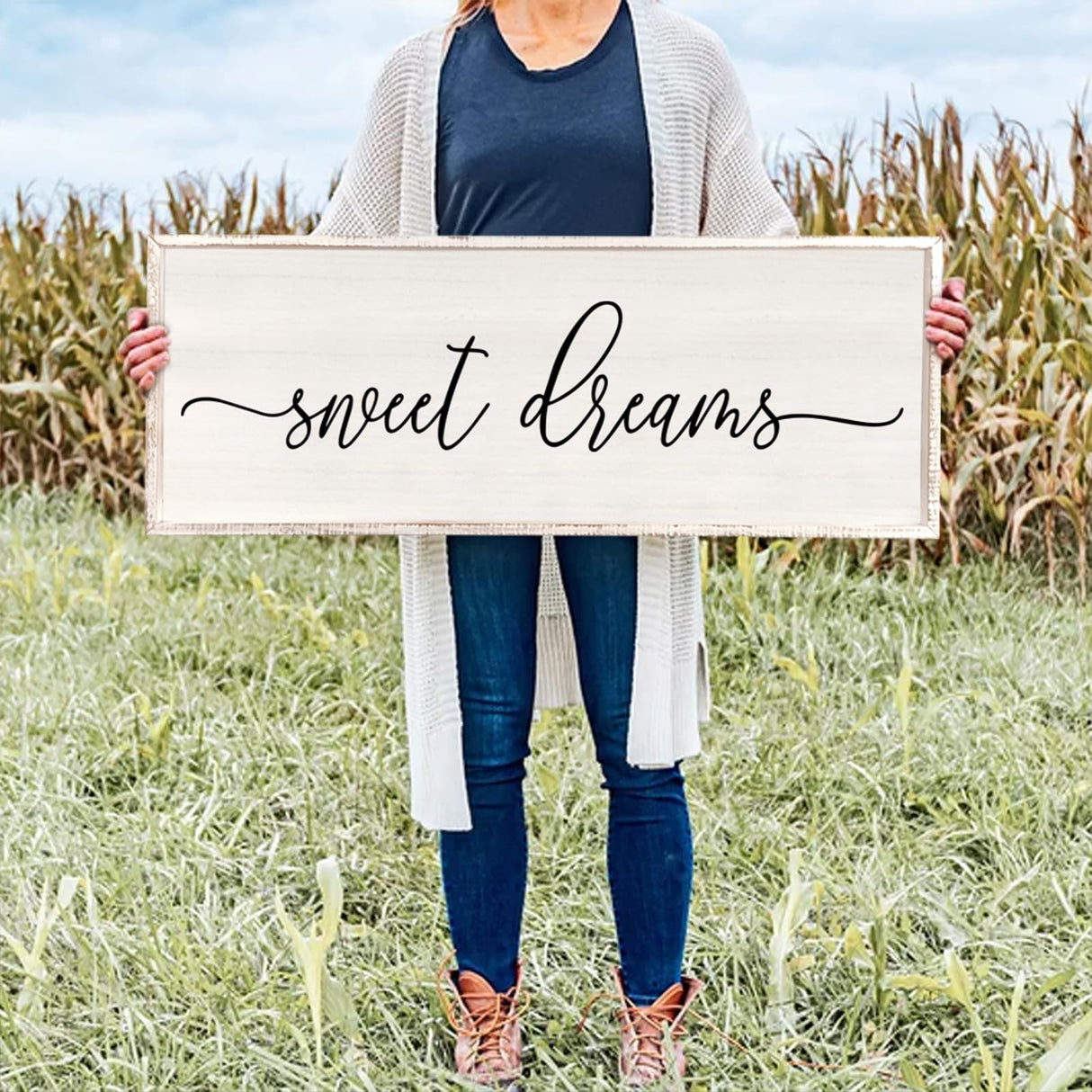 Sweet Dreams Wall Decor Above Bed 40''×15'' Master Bedroom Large Sweet Dreams Sign Farmhouse Wall Decor Guest Room Wood Rustic Framed Over Bed Wall Art Hanging Decoration (White) Surfapans