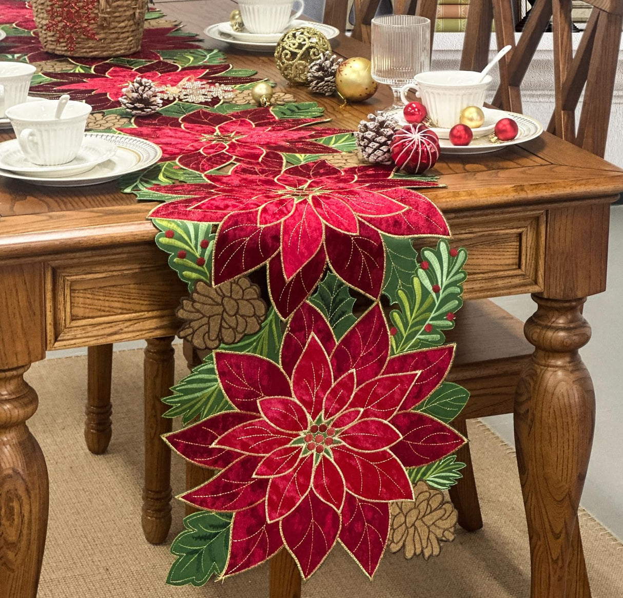 KEVA Holiday Christmas Table Runner 72 inches Long, Embroidered Red Velvet Poinsettia Cutwork Christmas Table Decorations for Home and Kitchen, Red Table Runner 13 Inch x 72Inch KEVA