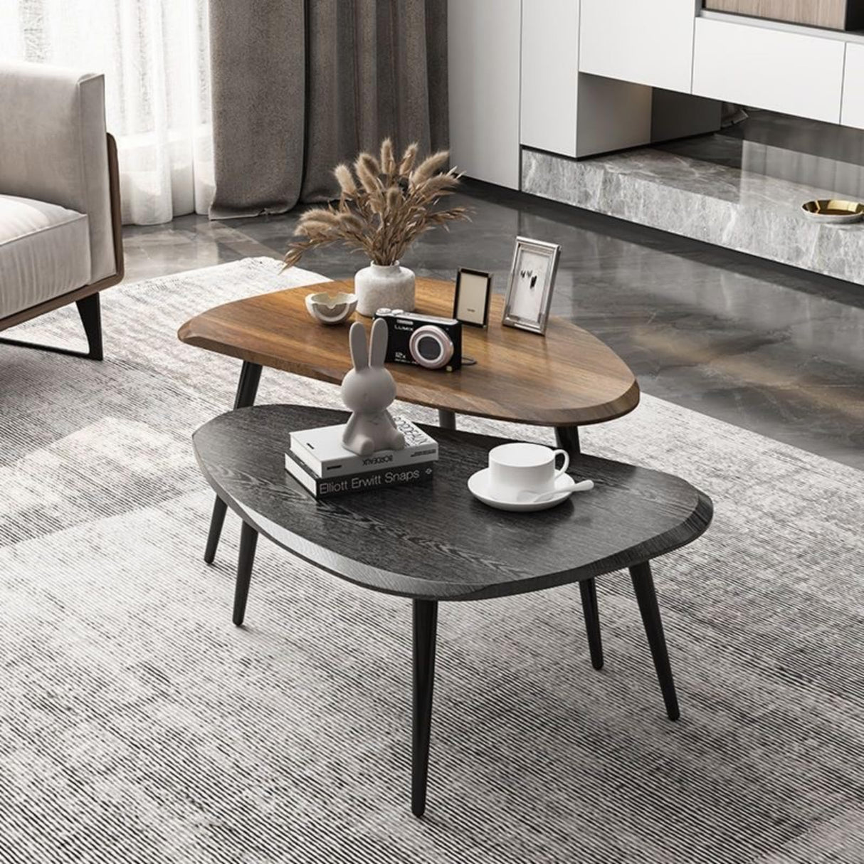Midcentury Nesting Coffee Table Set of 2, Mid Century Modern Walnut Wood Oval Coffee Tables for Living Room, Compact Coffee Table and Side Table Set for Sofa Bedside Office Balcony or Small Spaces suruim