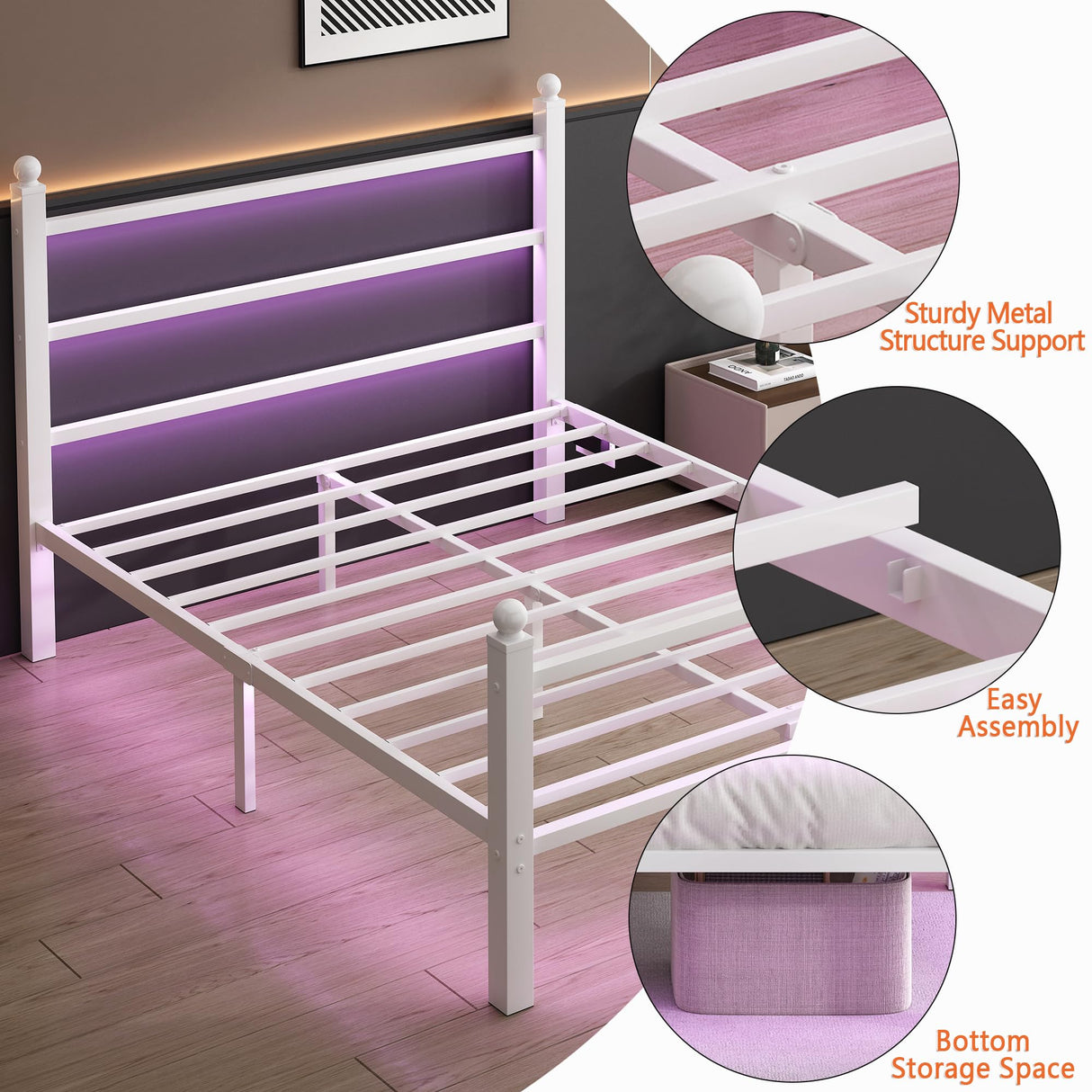 CLIBFENG Full Size Bed Frame with Headboard and Footboard,Steel Slats Support-LED Bed Frame with USB Charging Station,Mattress Foundation-Under Bed Storage,No Box Spring Needed,Noise Free,White CLIBFENG