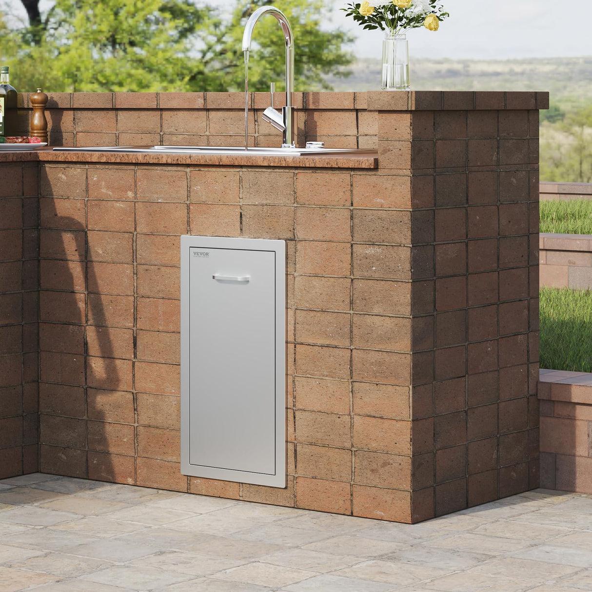 VEVOR Pull Out Trash Drawer 13.4"W x 25.7"H x 19.6"D Lower Sliding Rails Stainless Steel Roll Out Trash Bin Pull Out Tray Outdoor Kitchen Trash Drawer with Handle for BBQ Island Grill Station VEVOR