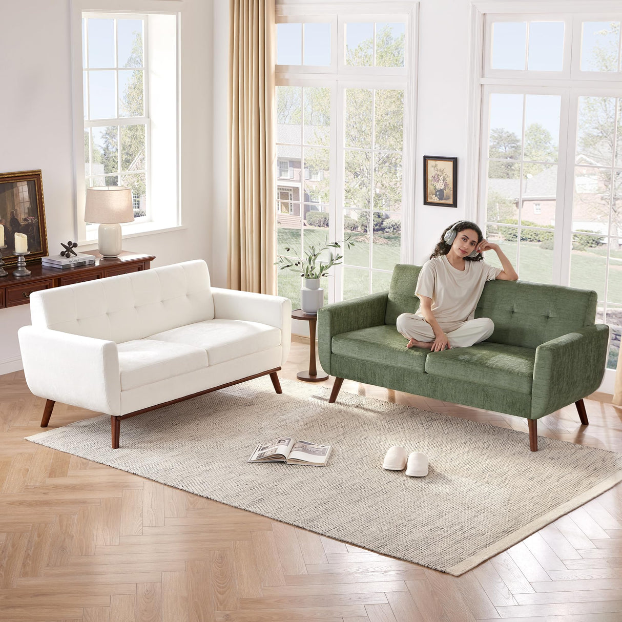 Kingfun 65.2" W Loveseat Sofa, Mid Century Modern Decor Love Seat Couches for Living Room, Button Tufted Upholstered Furniture, Solid & Easy to Install Small Couch for Bedroom Office Apartment, Green Kingfun