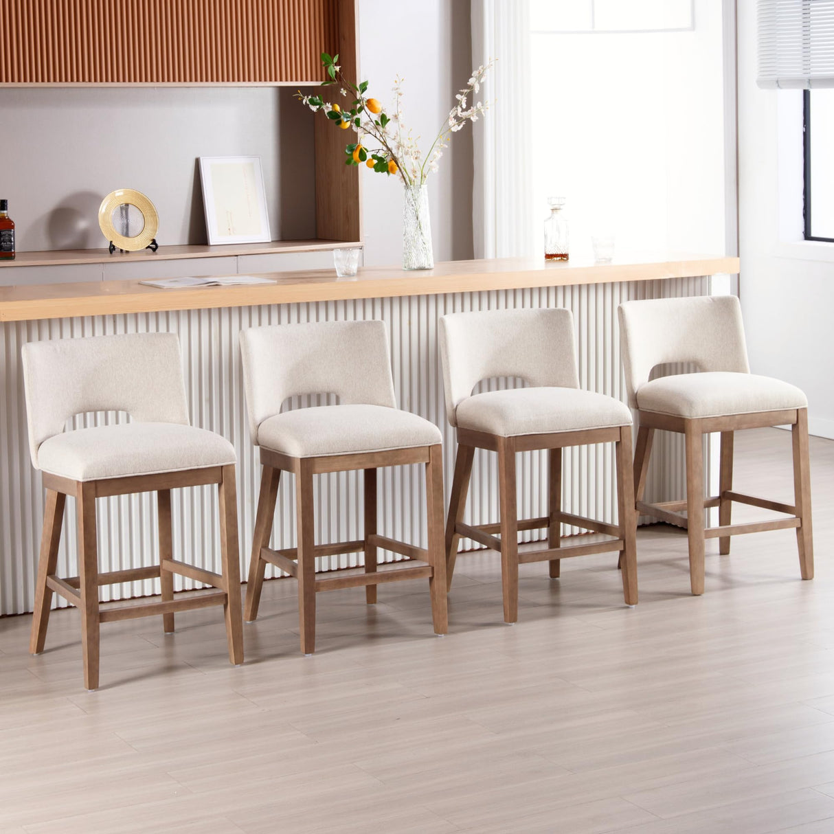 DM Furniture Farmhouse Bar Stools Set of 4, 26" Counter Height Barstools, Linen Upholstered Barstools with Open Back for Kitchen Island/Breakfast Bar/Home Pub, Beige DM Furniture