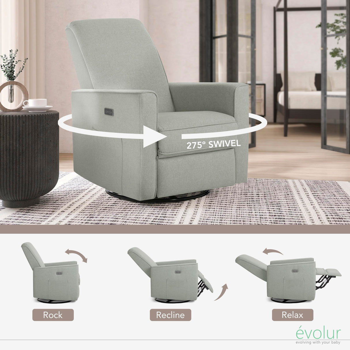 Evolur Harlow Upholstered Power Glider Recliner with USB Charging – Rocking & 360° Swivel with Smooth Glide – Greenguard Gold & FSC Certified – Modern Nursery and Living Room Chair in Light Grey Evolur