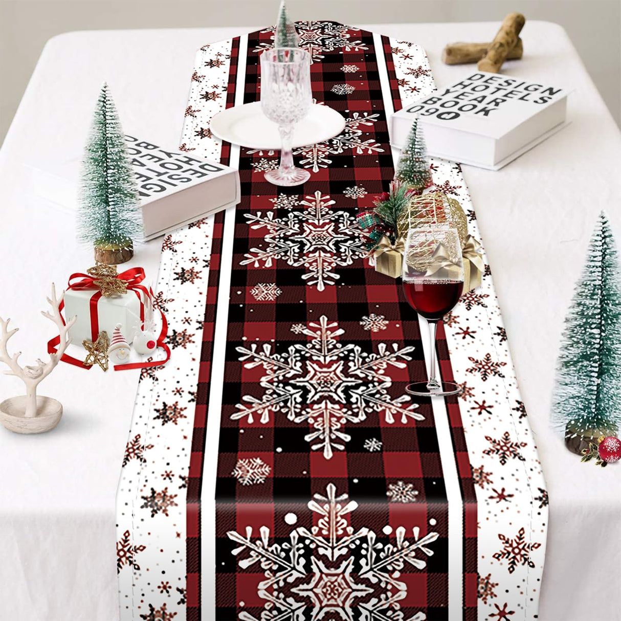 Niviy Snowflakes Christmas Table Runner with Buffalo Plaid, Winter Xmas Holiday Kitchen Dining Table Decoration for Indoor Outdoor Home Party Decor 13 x 72 Niviy