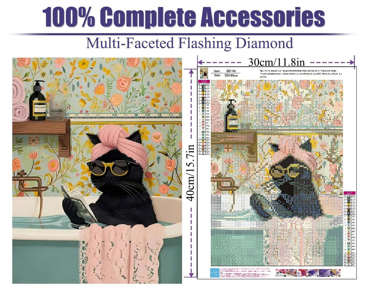 Black Cat 5D Diamond Art Kits for Adults,Funny Animal Diamond Painting Kits for Beginners,Bathing cat Full Drill Diamond Dot,Gem Art Crafts for Adult Wall Decor 12x16inch Canrichshop