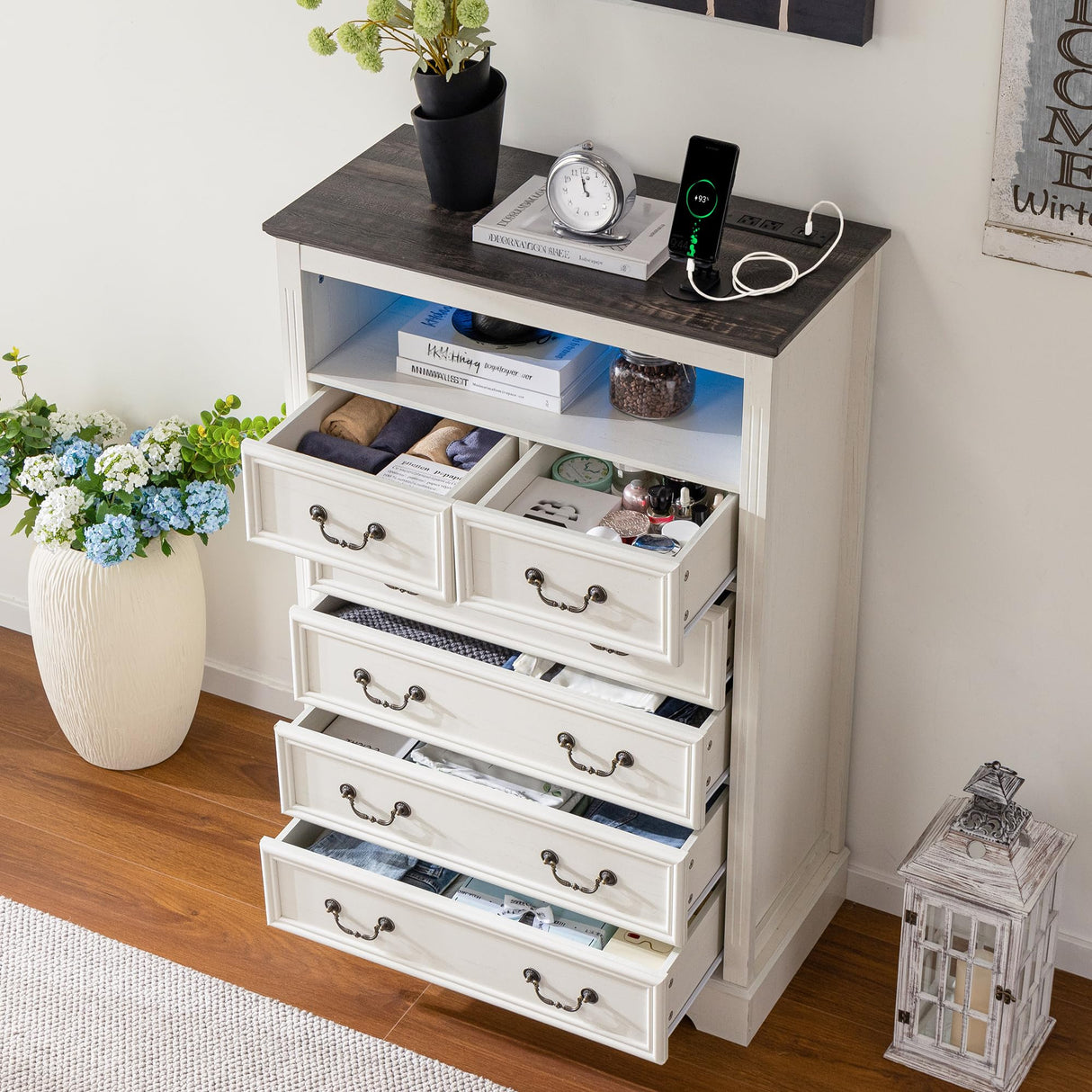 Homkdom Dresser for Bedroom with Charging Station & LED Light, White Dresser & Chests of Drawers with 6 Drawers, Farmhouse Tall Dressers for Bedroom Homkdom