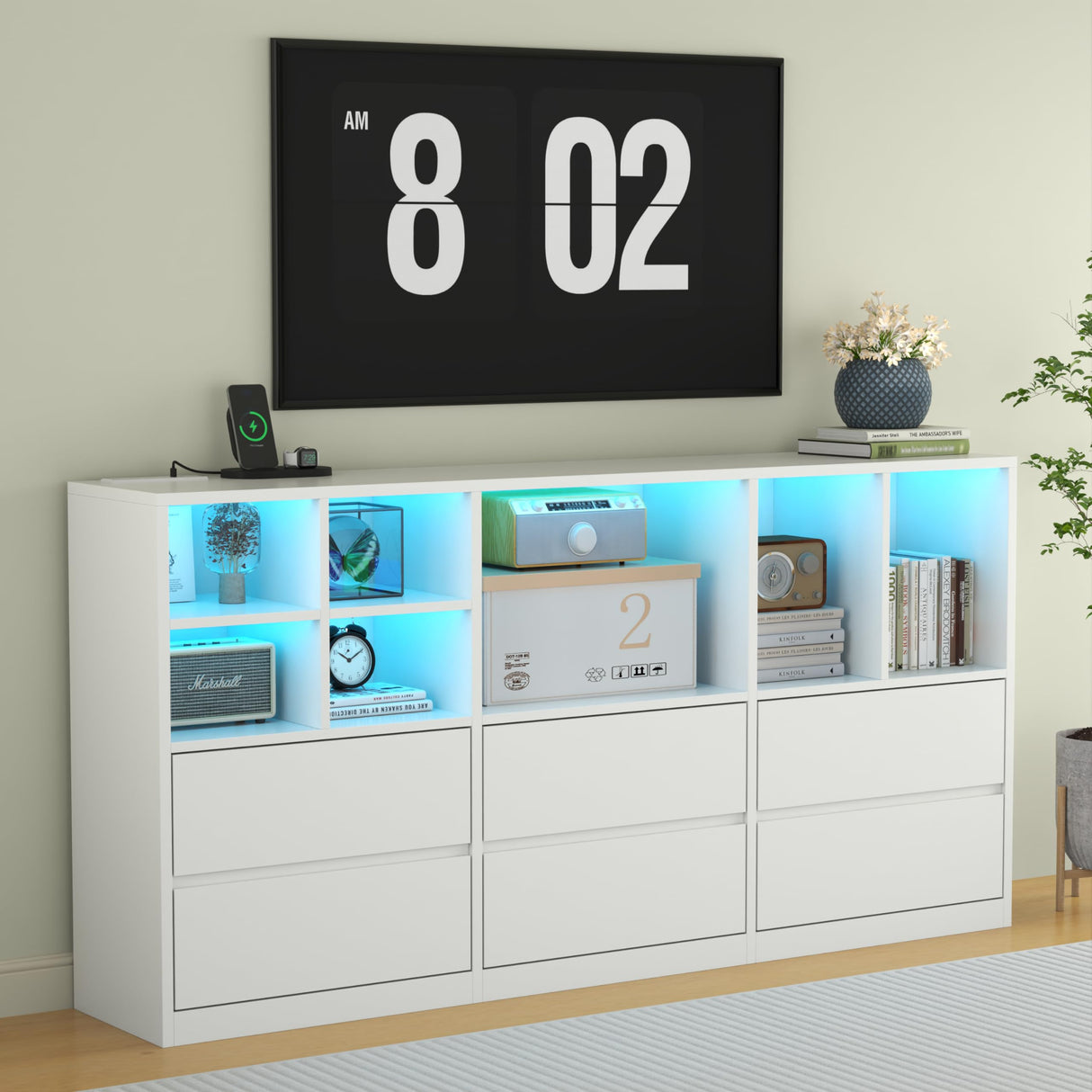 6 Drawers Dresser with 7 Storage Cubbies, LED Chest of Drawers with Power Outlet, 63" Triple Wide Long Dresser Organizer for Bedroom, Modern TV Stand with Open Shelf for Living Room, Entryway (White) Gyfimoie