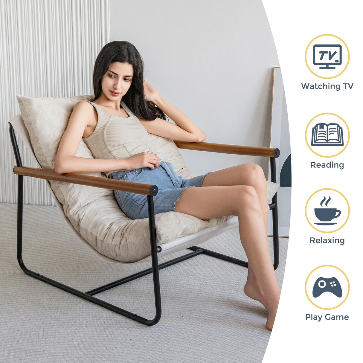 MAXYOYO Accent Chair, Velvet Arm Chair Living Room Chair with Metal Frame, Reading Accent Chair, Modern Bedroom Chair, Boucle Armchair with Wooden Arms, Beige MAXYOYO