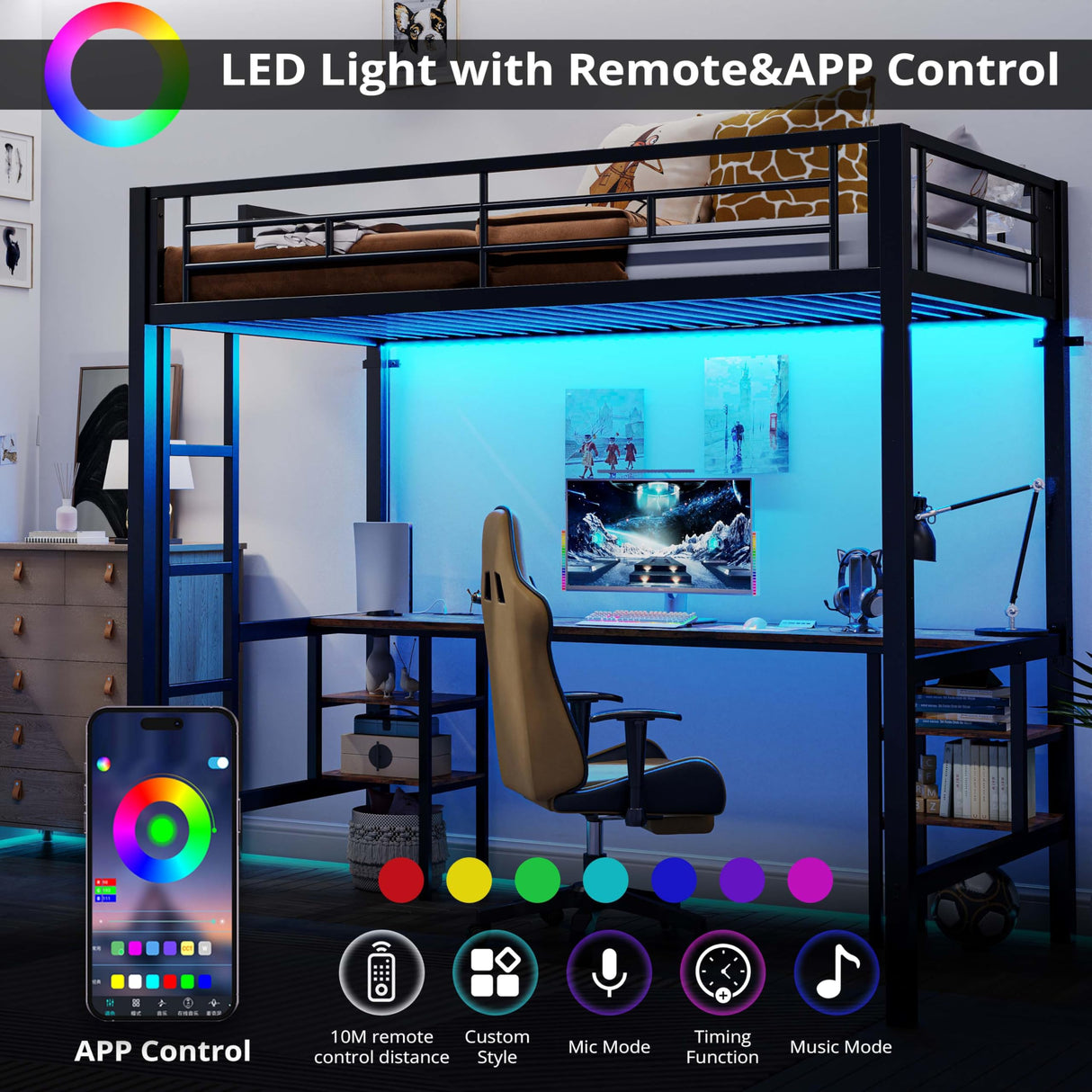 ANCTOR Loft Bed Twin Size with Desk and 4 Storage Shelves, Metal Loft Bed Frame with Power Outlet and LED Lighted, Safety Guard & Ladder, Space-Saving, Noise Free, Black ANCTOR