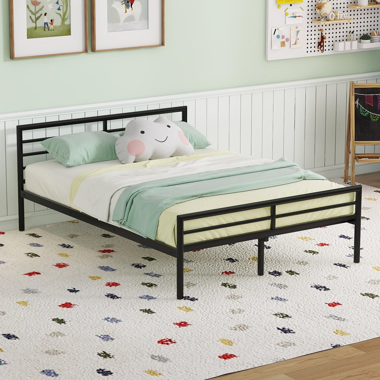 Metal Twin Over Full Bunk Bed Frame with Desk, Loft Platform Mattress Foundation with Steel Slat Support Storage Space Merax