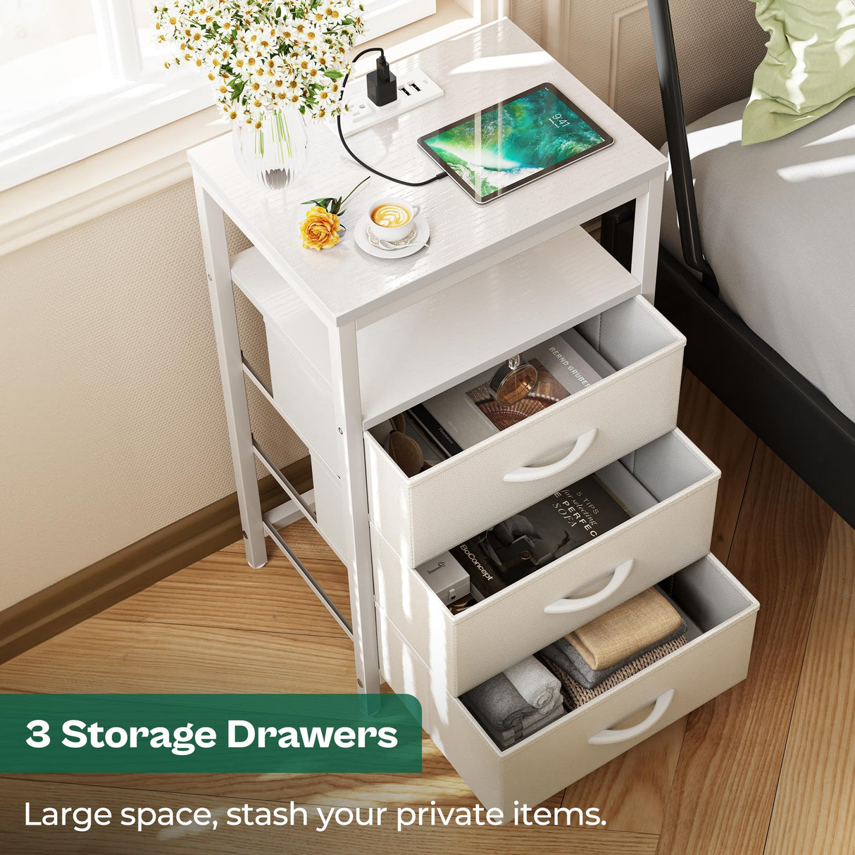 Huuger Nightstands Set of 2, 27.6 Inch End Tables with Charging Station, Bedside Tables with Drawers, PU Leather Finish, USB Port and Outlet, Night Stands for Bedroom, White Huuger