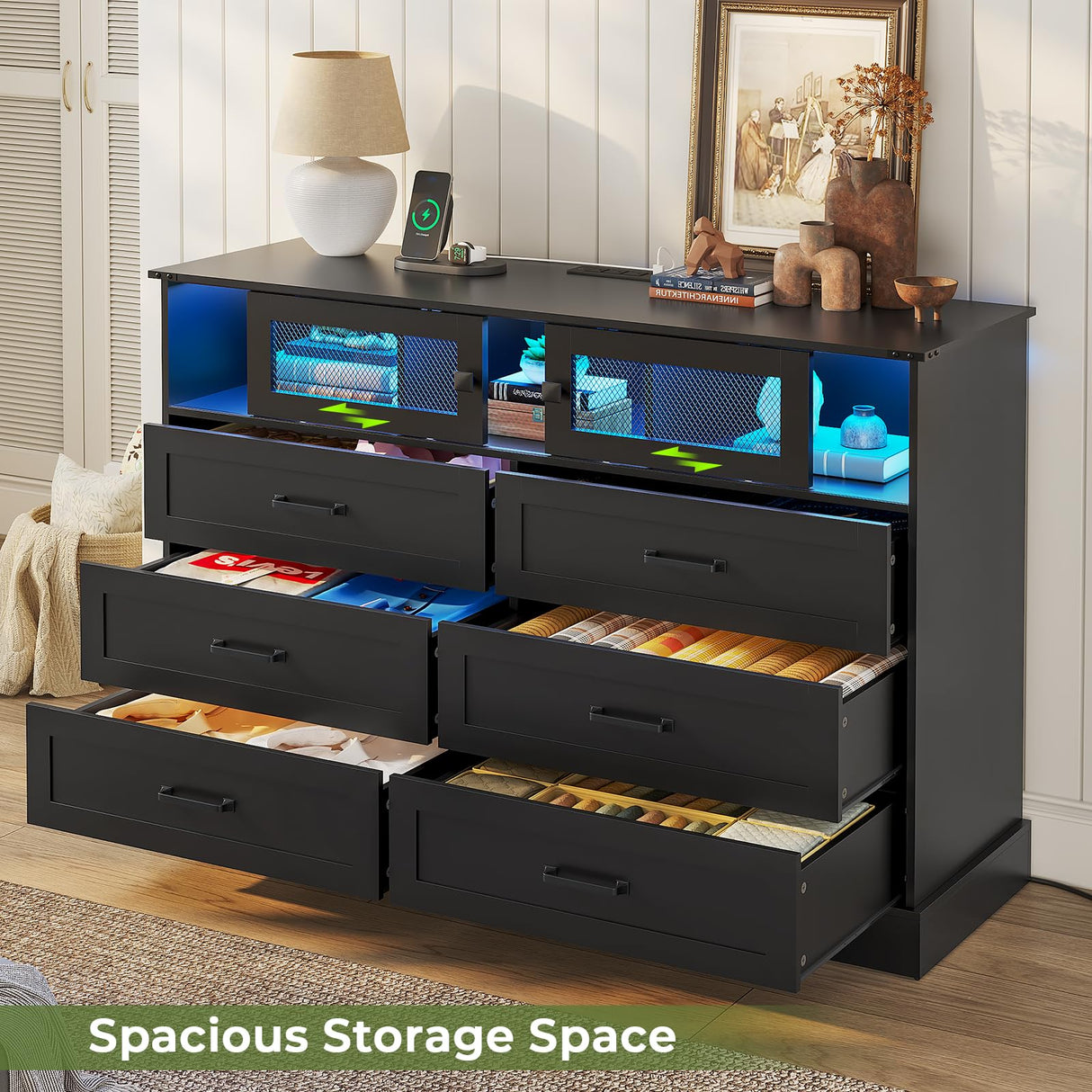 Hasuit 6 Drawer Dresser with LED Lights and Charging Station, Farmhouse Chest of Drawers Closet Organizer, Clothes Storage Cabinet Double Dressers for Bedroom, Living Room, Hallway, Black Hasuit