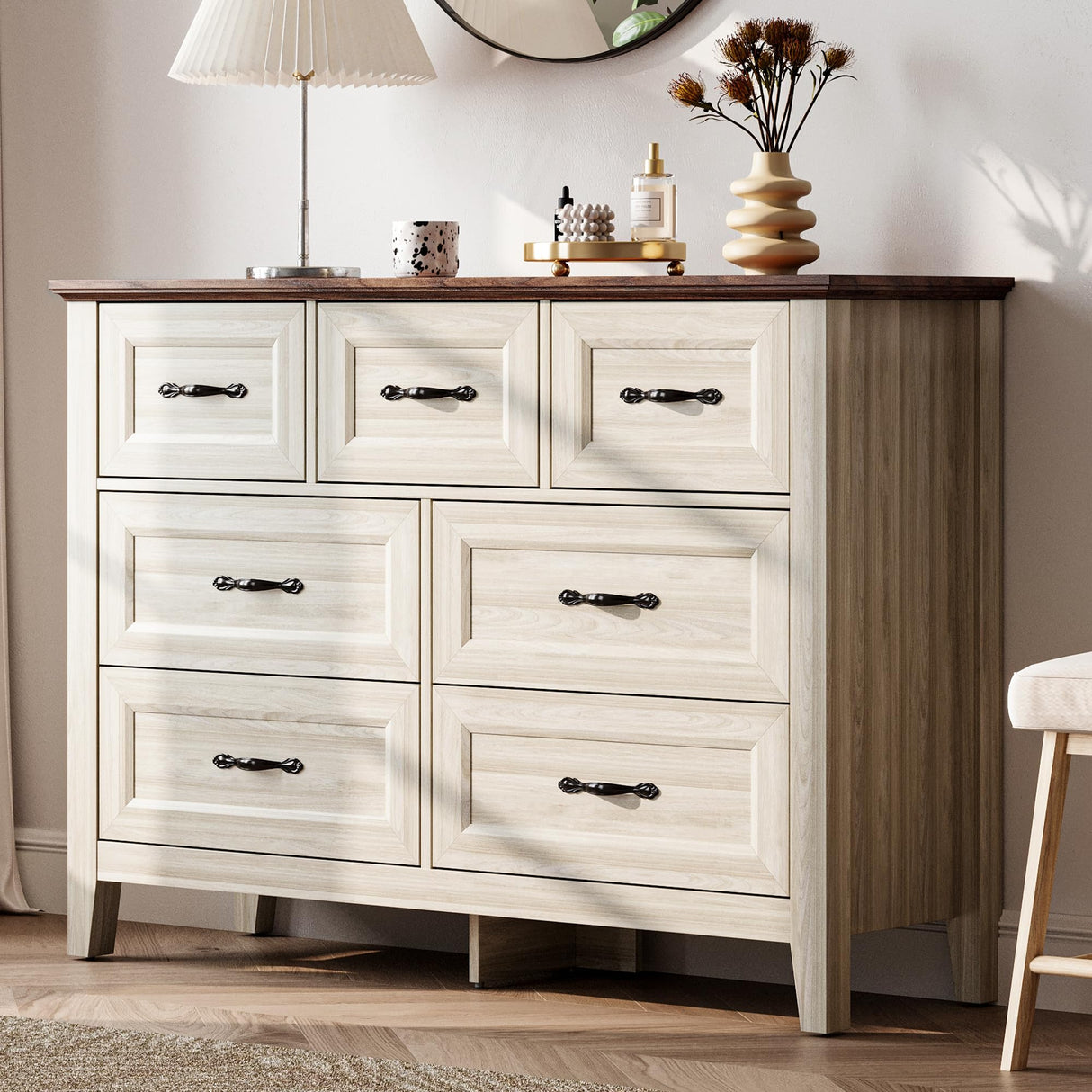 LINSY HOME 7 Drawers Dresser for Bedroom, Wood Bedroom Dresser Farmhouse Drawer Chest, 7 Chest of Drawer, Tall Dresser for Closet, Dressers Organizer for Living Room, Closet, Hallway LINSY HOME