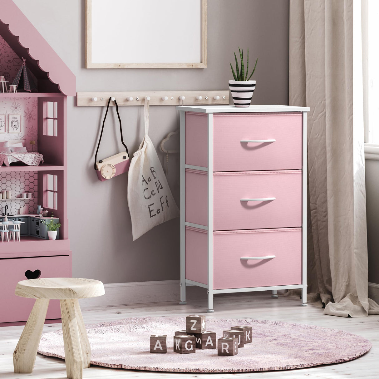 Sorbus Nightstand with 3 Drawers - Bedside Furniture & Accent End Table Chest for Home, Bedroom Accessories, Office, College Dorm, Steel Frame, Wood Top, Pastel Fabric Bins (Pink) Sorbus