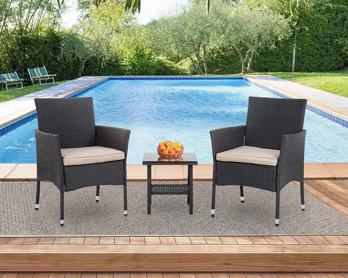 FDW Outdoor Wicker Bistro Rattan Chair Conversation Sets with Coffee Table for Yard Backyard Lawn Porch Poolside Balcony,Black FDW