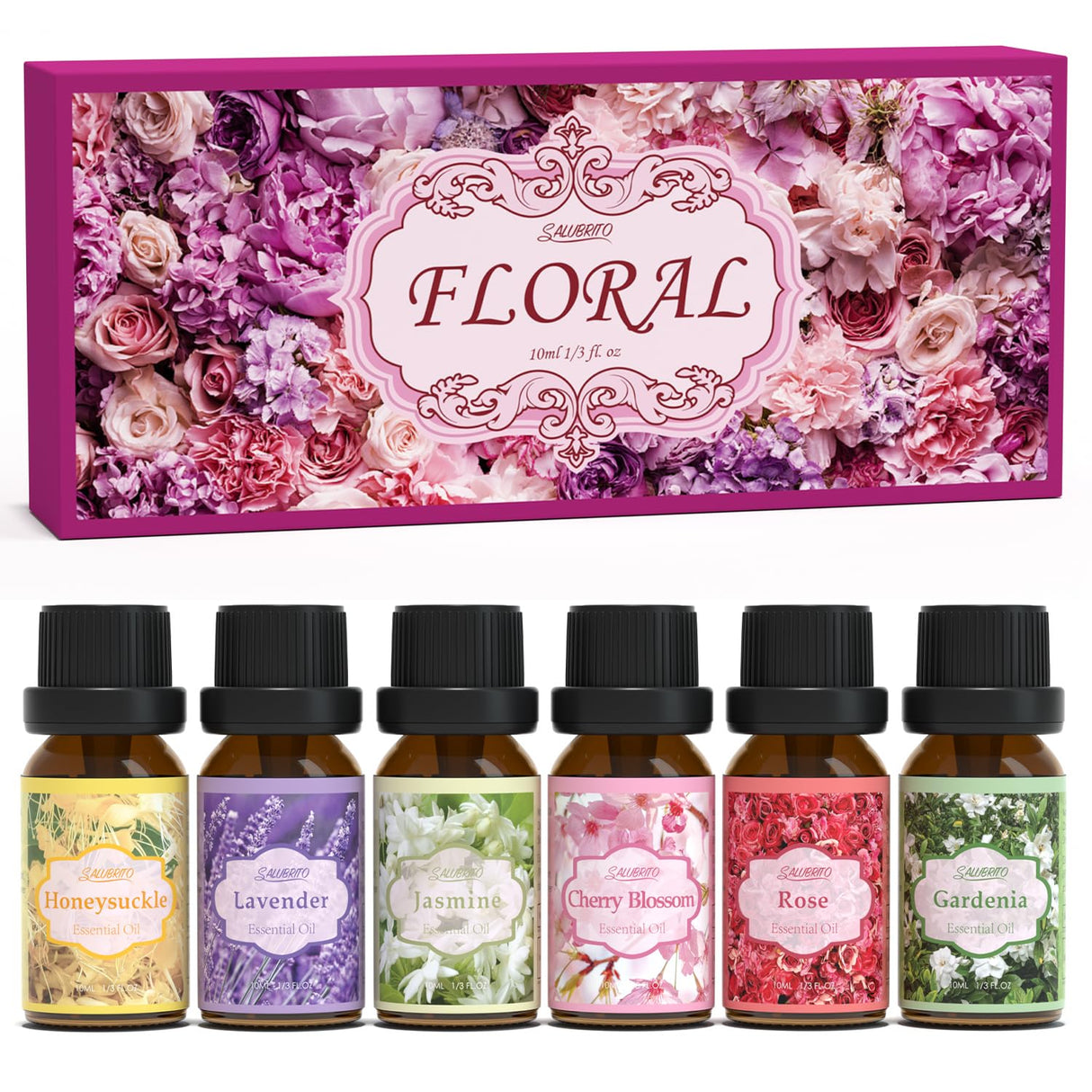 SALUBRITO Floral Fragrance Oils Set, Essential Oils for Diffuser & Candle Making Scents, 6x10ml Aromatherapy Oils Gift Set - Jasmine, Lavender, Rose, Gardenia, Cherry Blossom, Honeysuckle Oil Salubrito