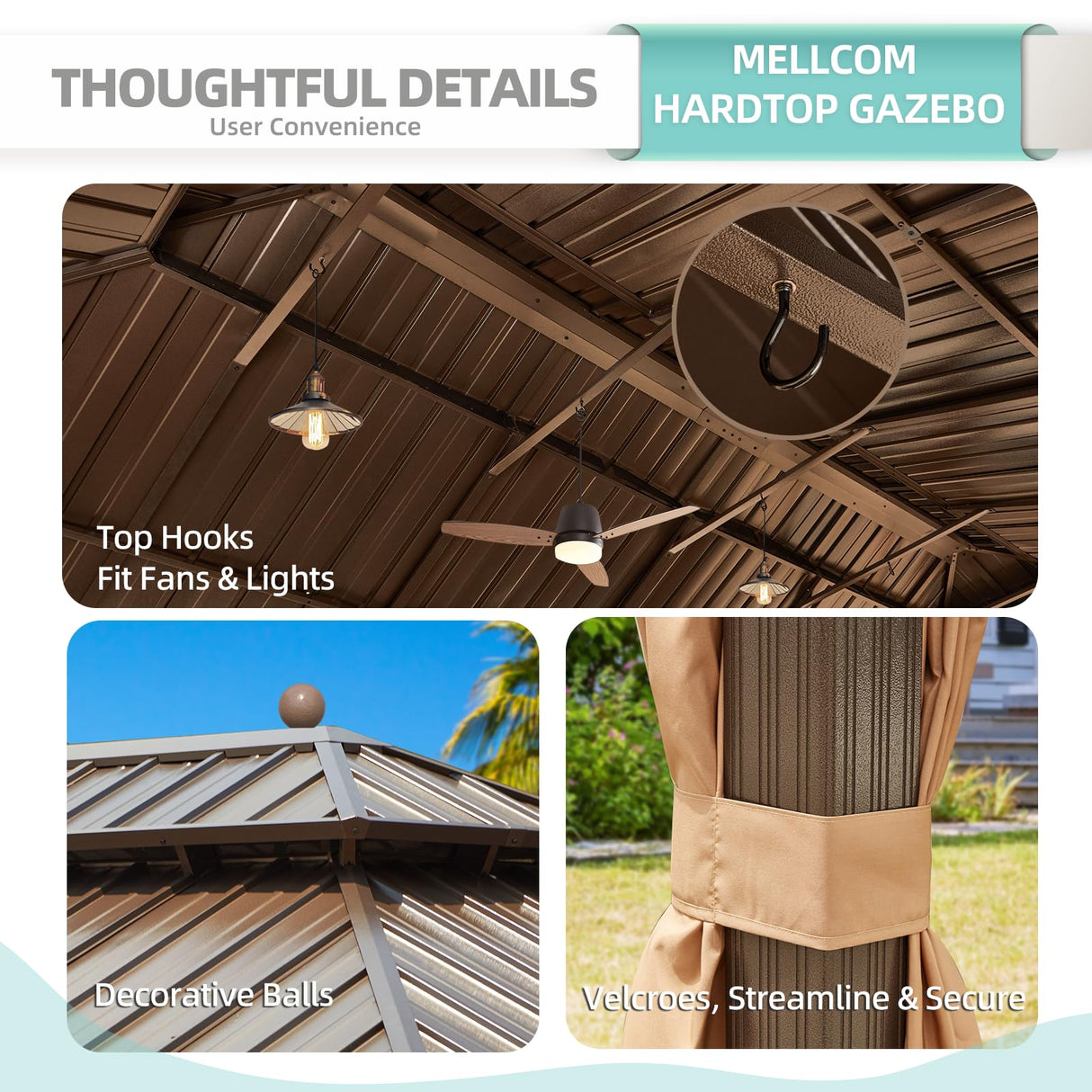 MELLCOM 12' x 24' Hardtop Gazebo,Galvanized Steel Metal Double Roof Aluminum Gazebo with Curtain and Netting,Brown Permanent Pavilion Gazebo with Aluminum Frame for Patios,Gardens,Lawns MELLCOM