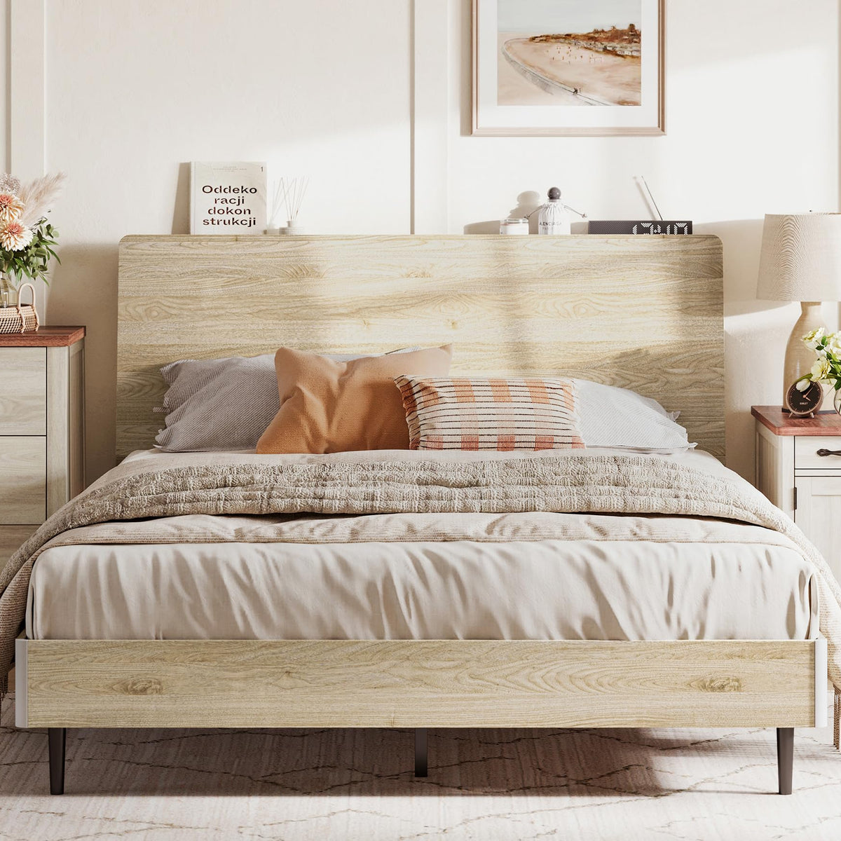 LINSY Beige Full Size Wood Platform Bed Frame with Ergonomic Headboard ...