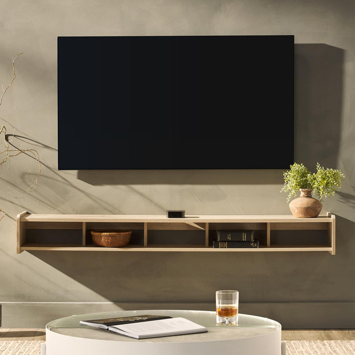 Walker Edison Zee Modern Floating Mounted Minimalist Stand for TVs up to 70 Inches, 65 Inch, Coastal Oak Walker Edison