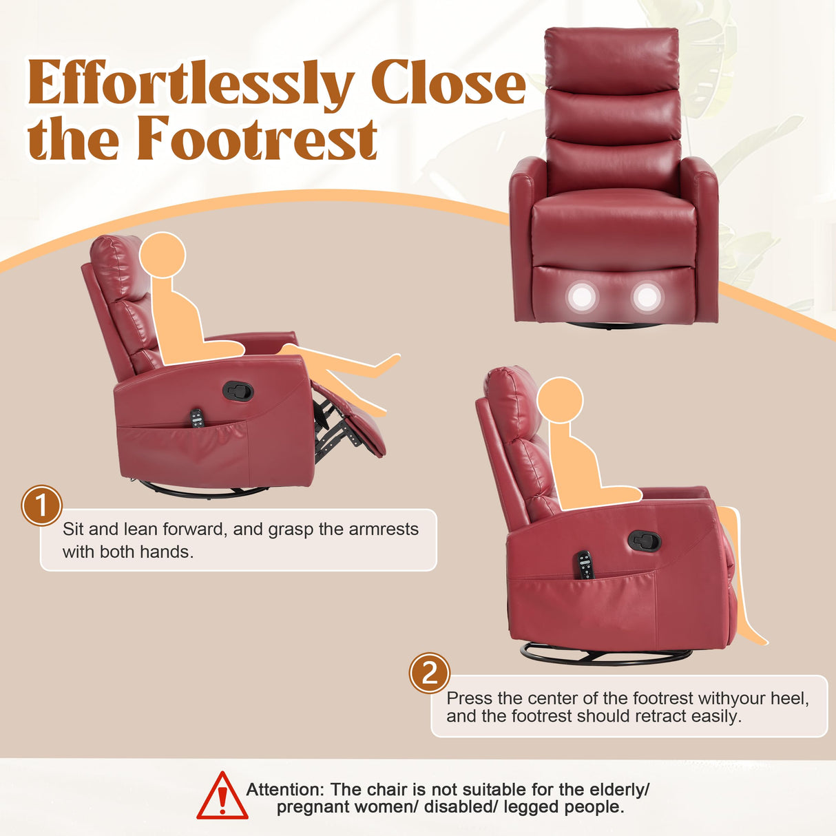 Manual Swivel Rocker Recliner Chair with Massage, Overstuffed Recliner Glider with Vibration Massage and Heat for Nursery, Living Room Reclining Sofa Chair, PU Leather Red Luxlen