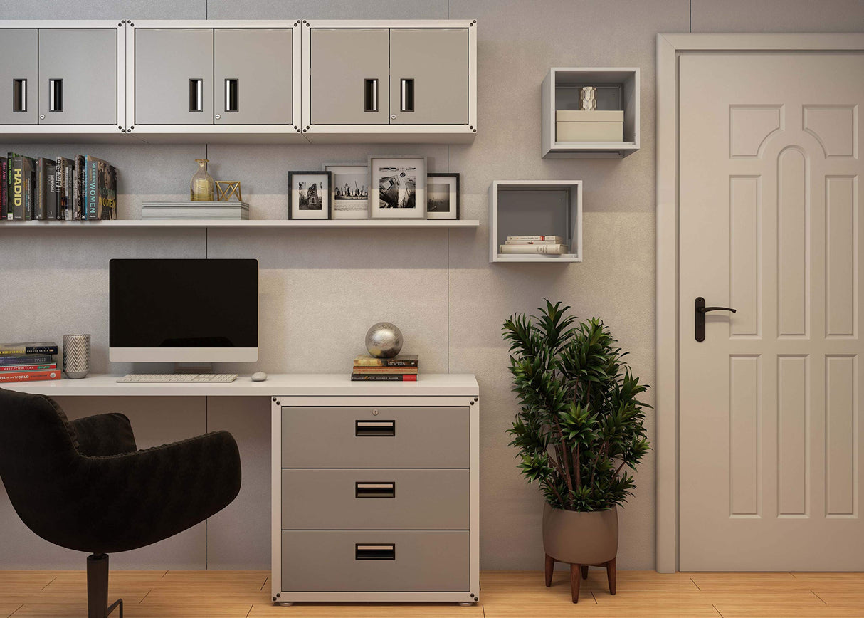 itbe Ready-to-Assemble Floating Garage Storage Cabinet - Wall Mount Garage Cabinet w/Lockable 2 Doors, 44 lbs Shelf Capacity, Removable Shelf, Small Steel Metal Cabinet (White and Grey) itbe